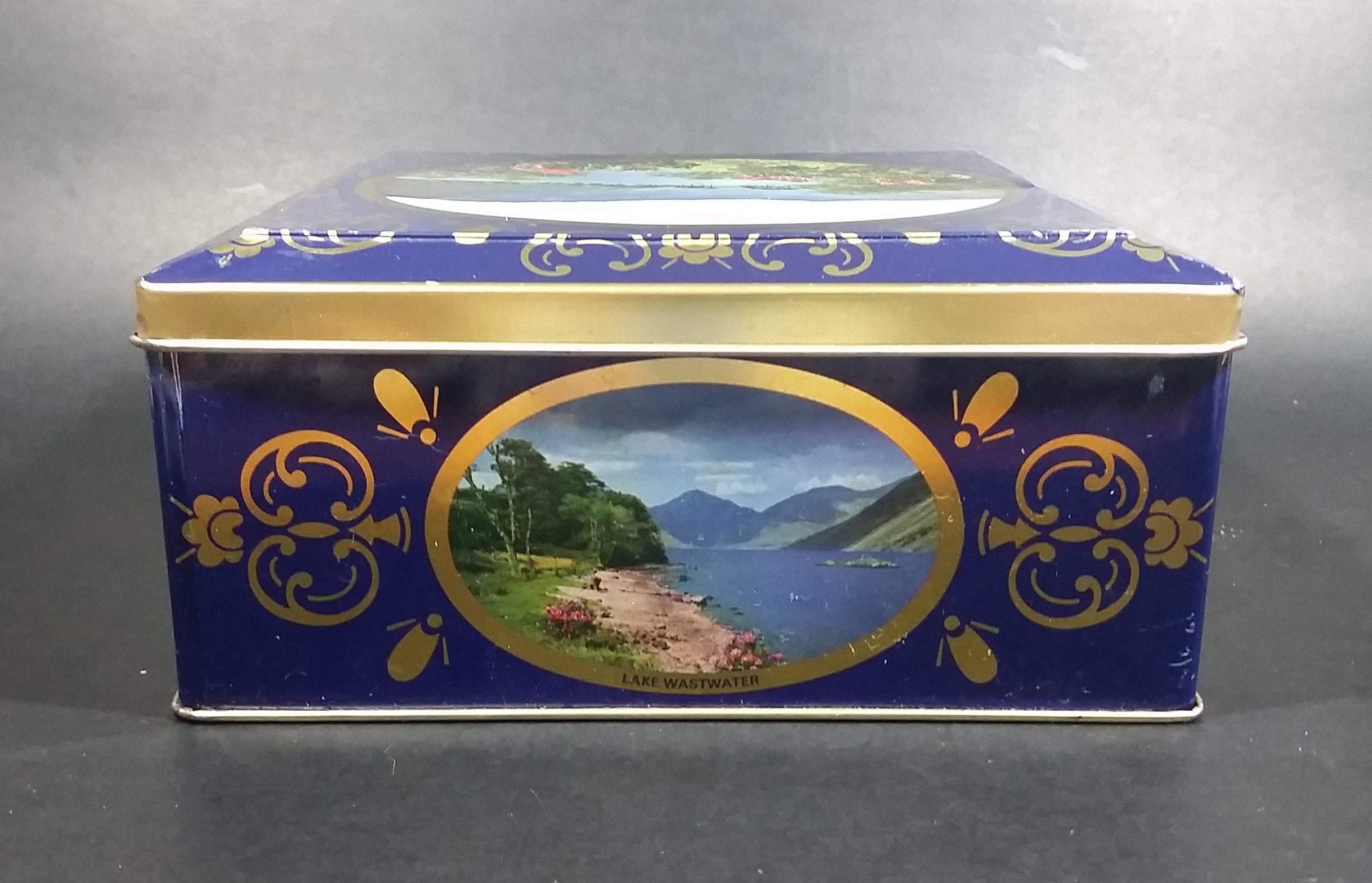 Vintage St Michael Marks & Spencer Biscuits Tin Blue with Gold Motif -  Lake Scenes on each side 7