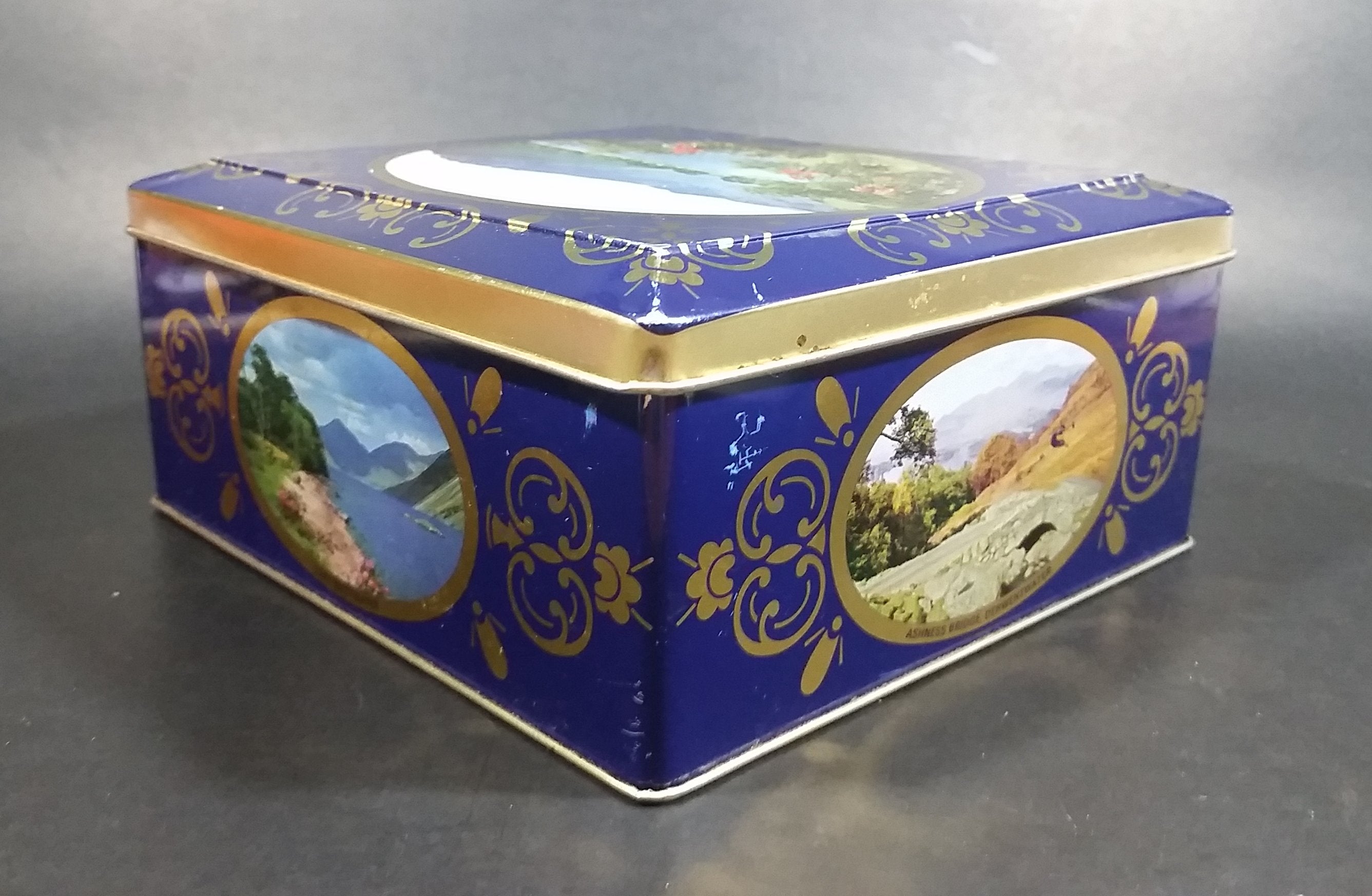 Vintage St Michael Marks & Spencer Biscuits Tin Blue with Gold Motif -  Lake Scenes on each side 8