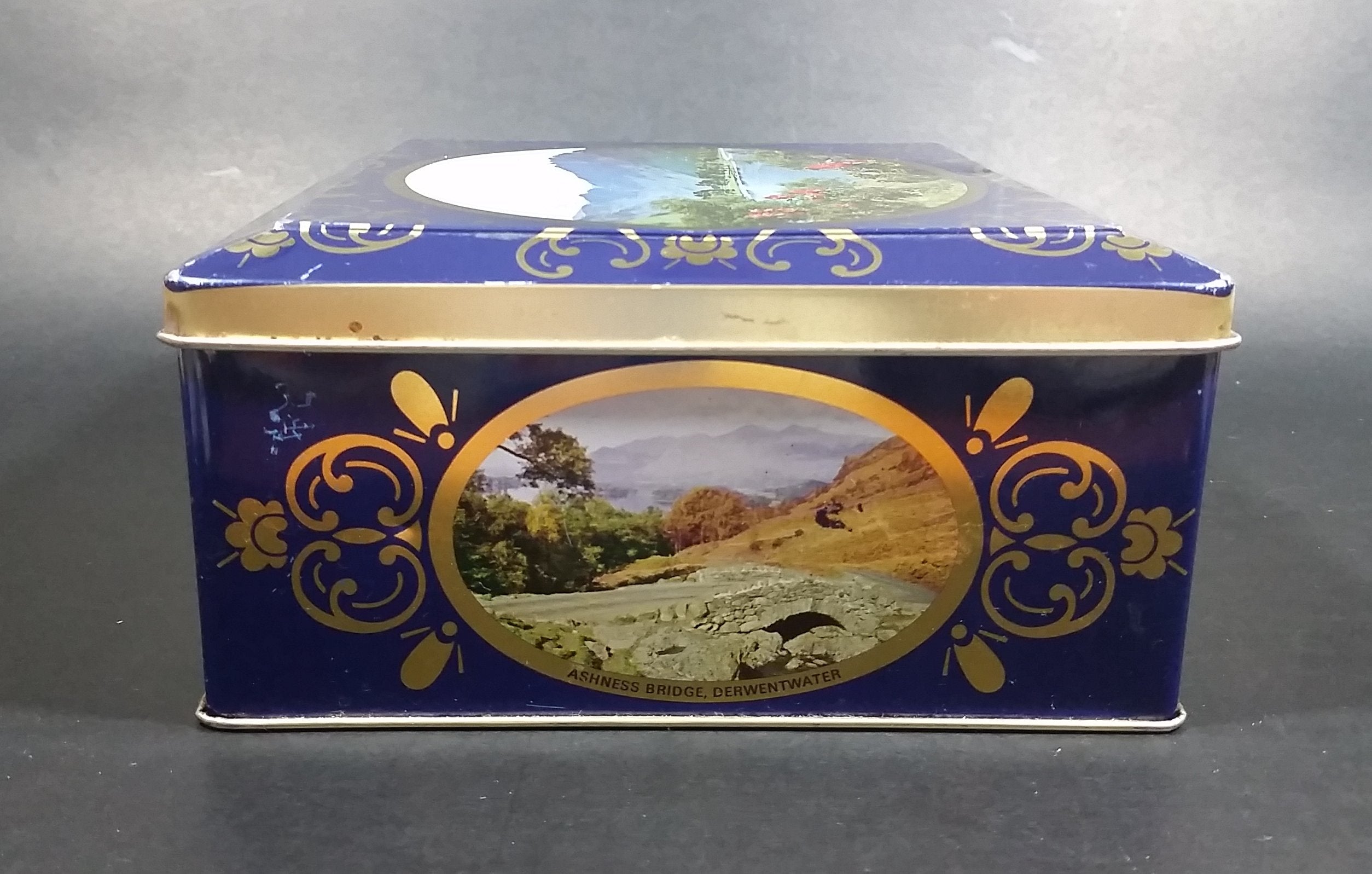 Vintage St Michael Marks & Spencer Biscuits Tin Blue with Gold Motif -  Lake Scenes on each side 9