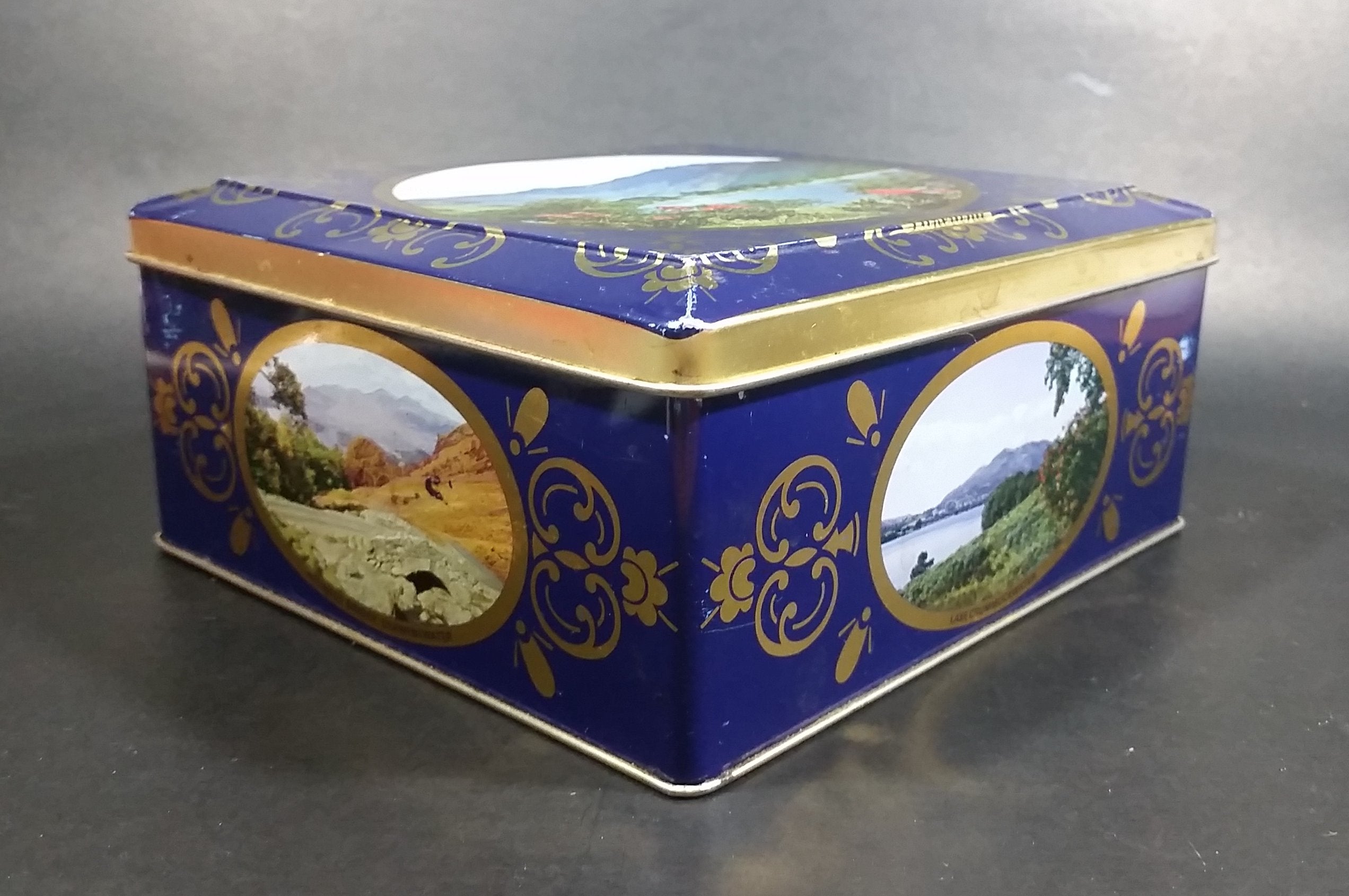 Vintage St Michael Marks & Spencer Biscuits Tin Blue with Gold Motif -  Lake Scenes on each side 10