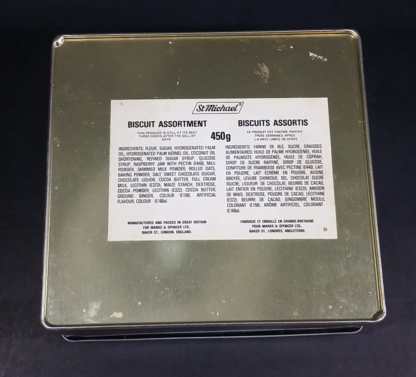 Vintage St Michael Marks & Spencer Biscuits Tin Blue with Gold Motif -  Lake Scenes on each side 13