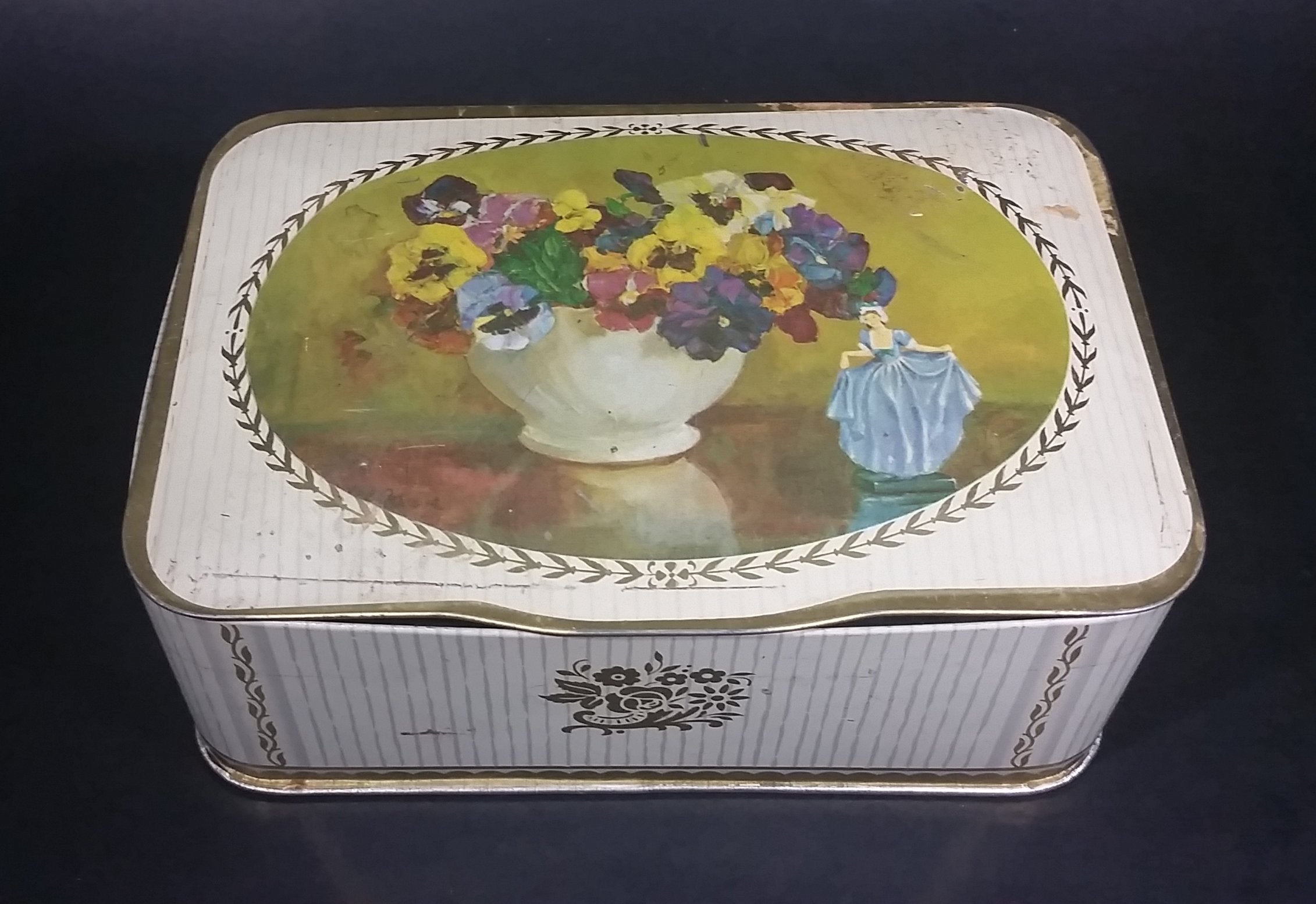 Vintage Gray and Dunn 'Pansies' Biscuits Cookie Tin w/ Floral Arrangement and Girl in Dress