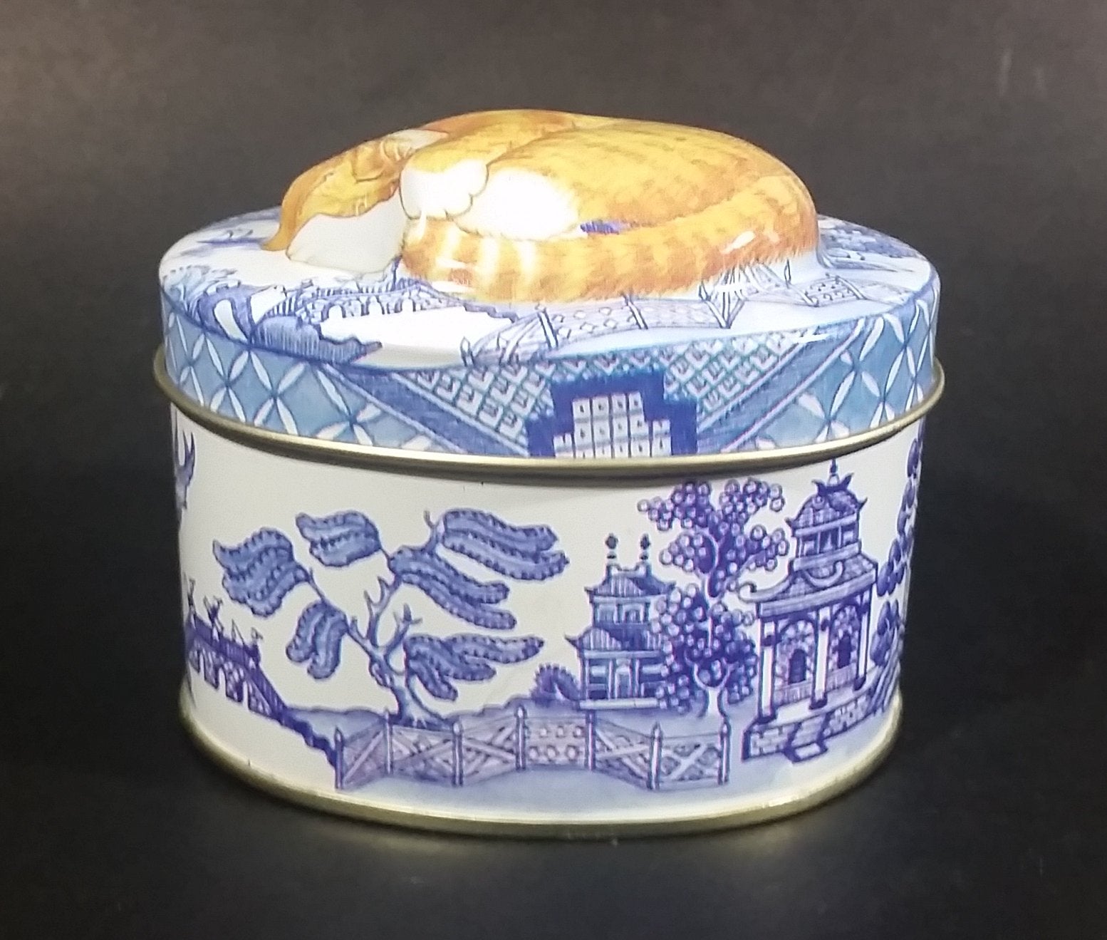 Collectible Blue Willow Blue and White Tin With Orange and White Sleeping Kitty Cat 2