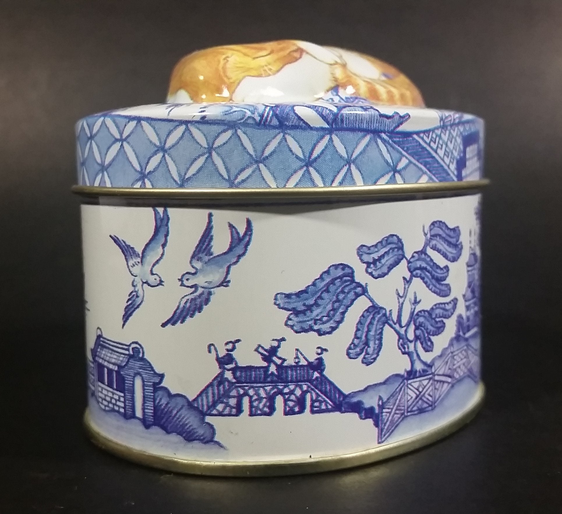 Collectible Blue Willow Blue and White Tin With Orange and White Sleeping Kitty Cat 10