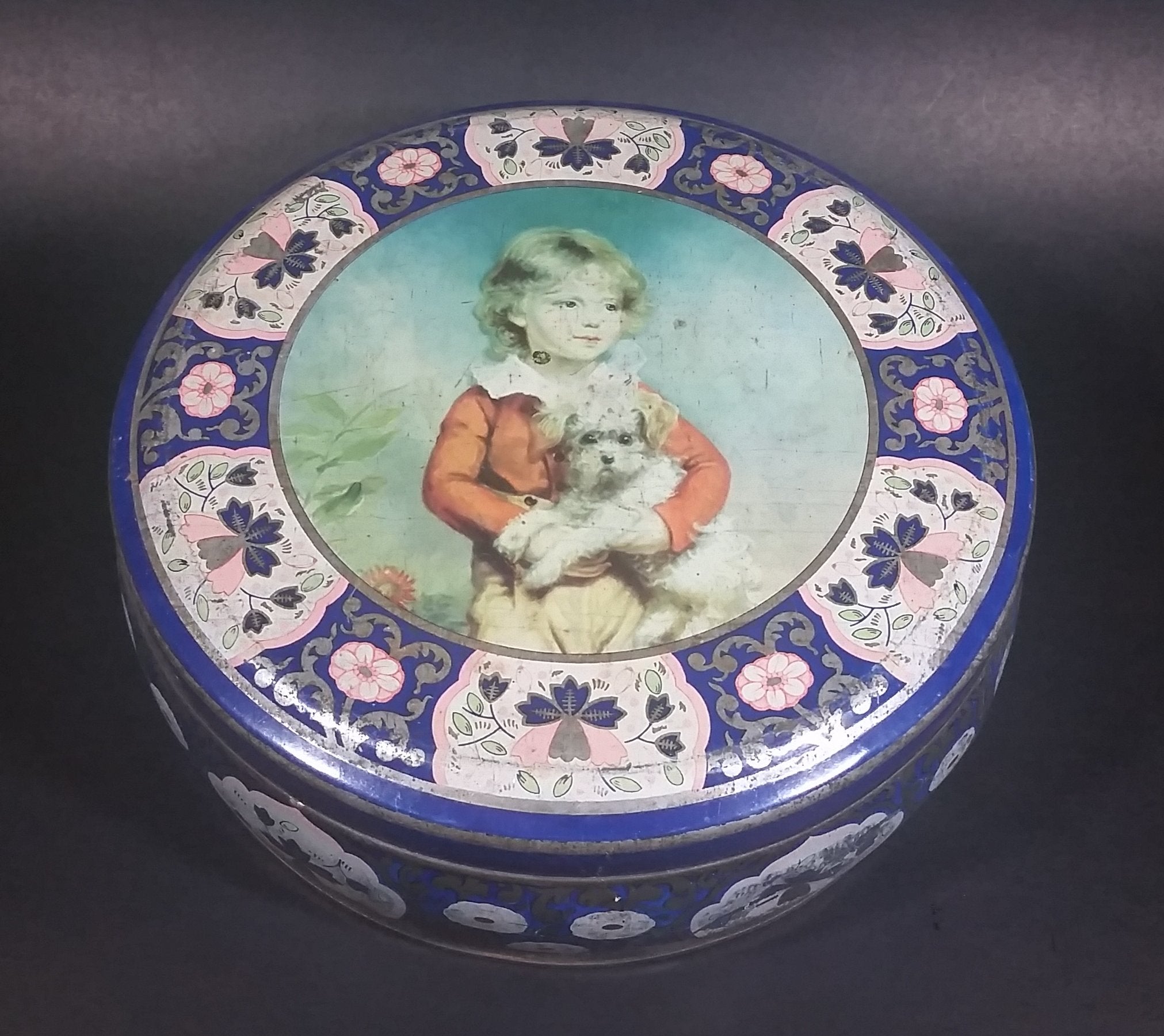 Vintage 1950s Peek Frean's Biscuits Tin with Portrait of French Boy Holding Dog by C. Bremont