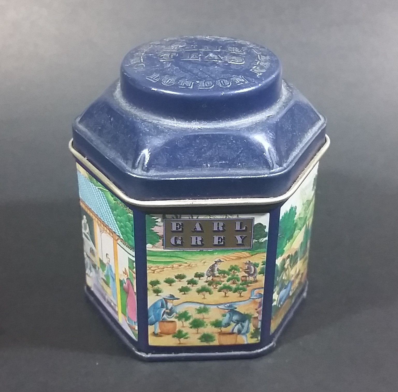1984 Earl Grey Tea Crabtree & Evelyn London Hexagon Shaped Blue Tea Tin Collectible