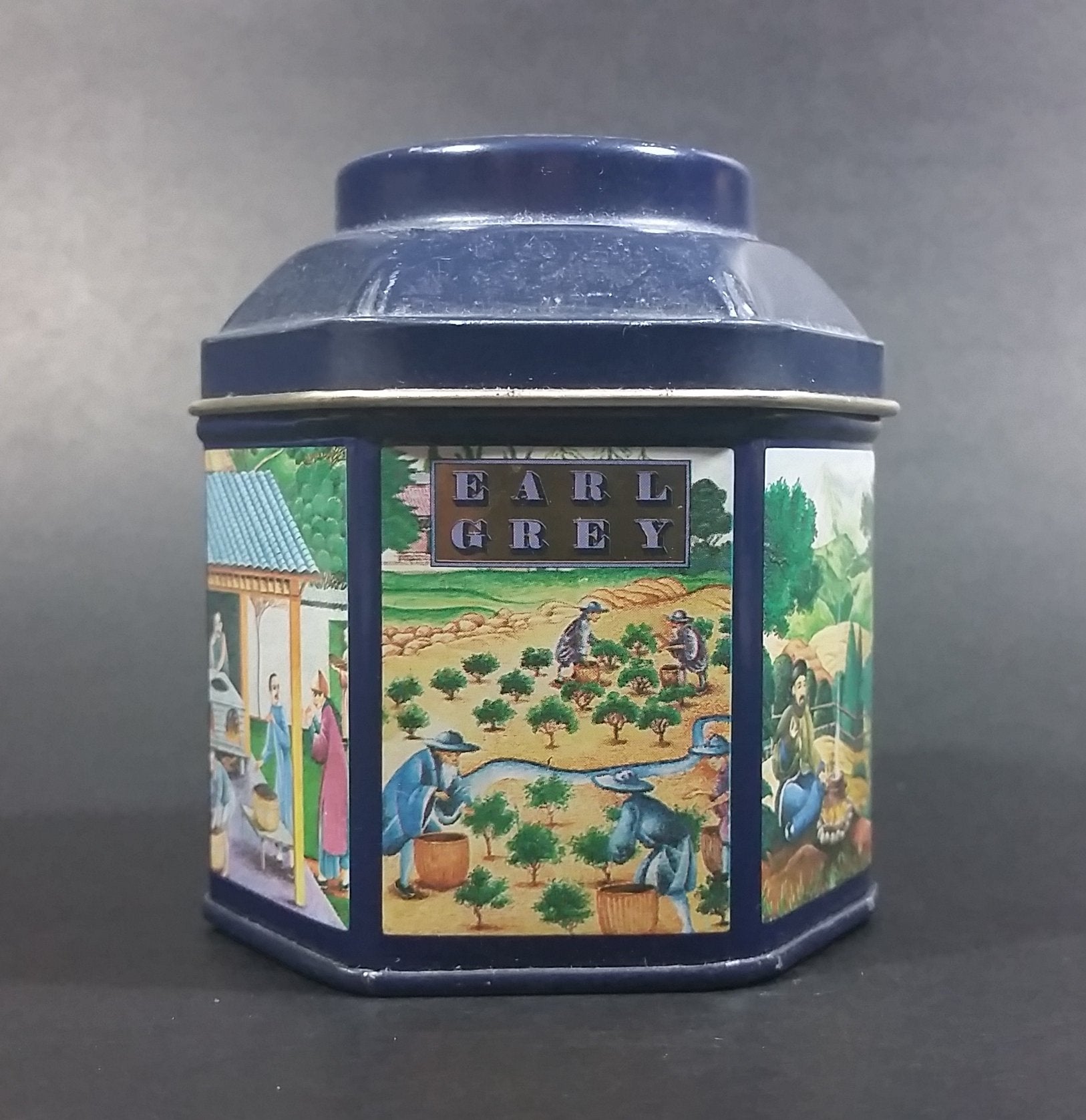 1984 Earl Grey Tea Crabtree & Evelyn London Hexagon Shaped Blue Tea Tin Collectible 3