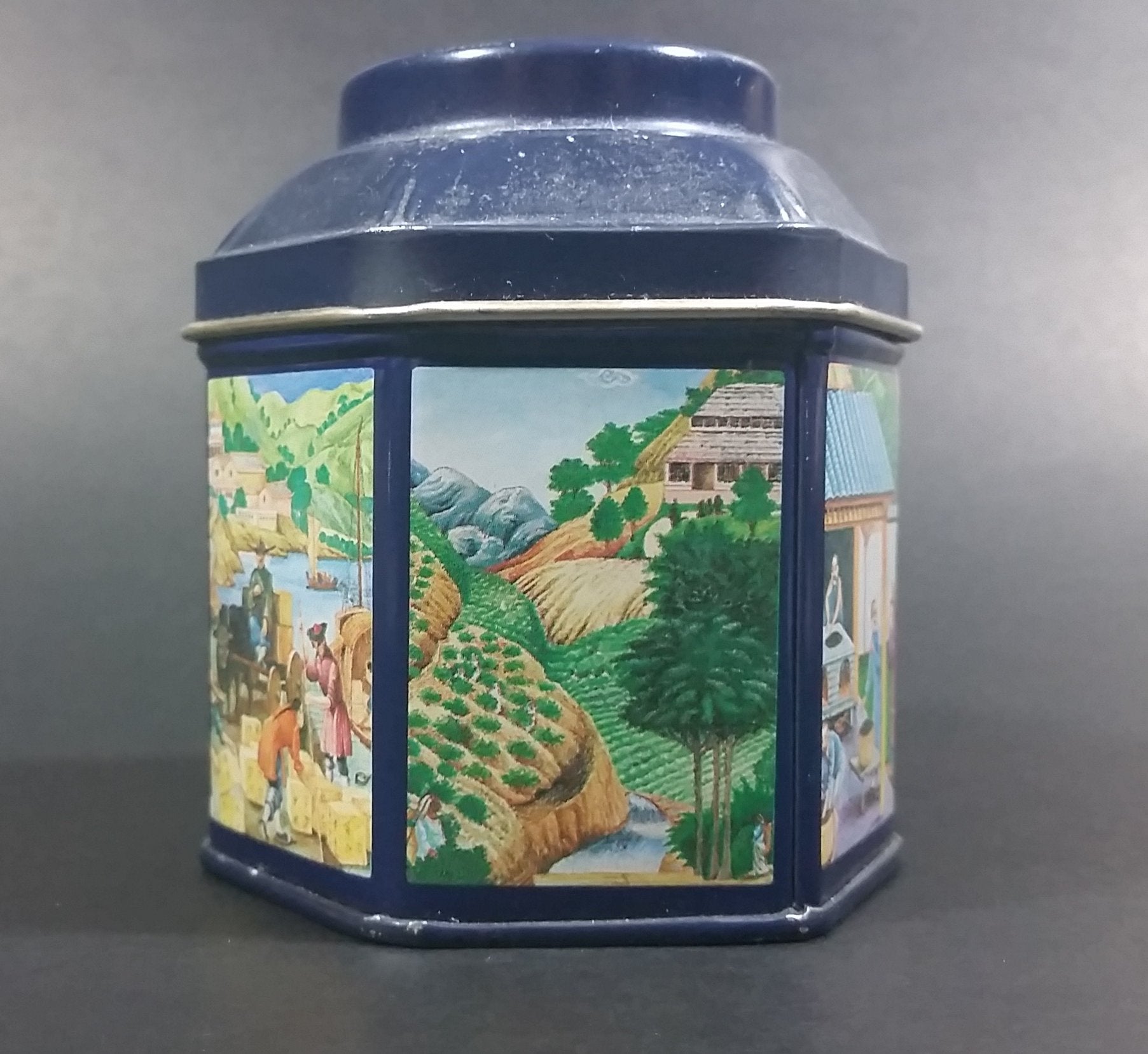 1984 Earl Grey Tea Crabtree & Evelyn London Hexagon Shaped Blue Tea Tin Collectible 7