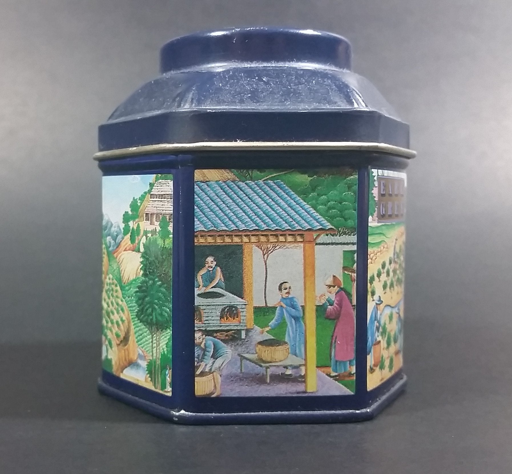 1984 Earl Grey Tea Crabtree & Evelyn London Hexagon Shaped Blue Tea Tin Collectible 8