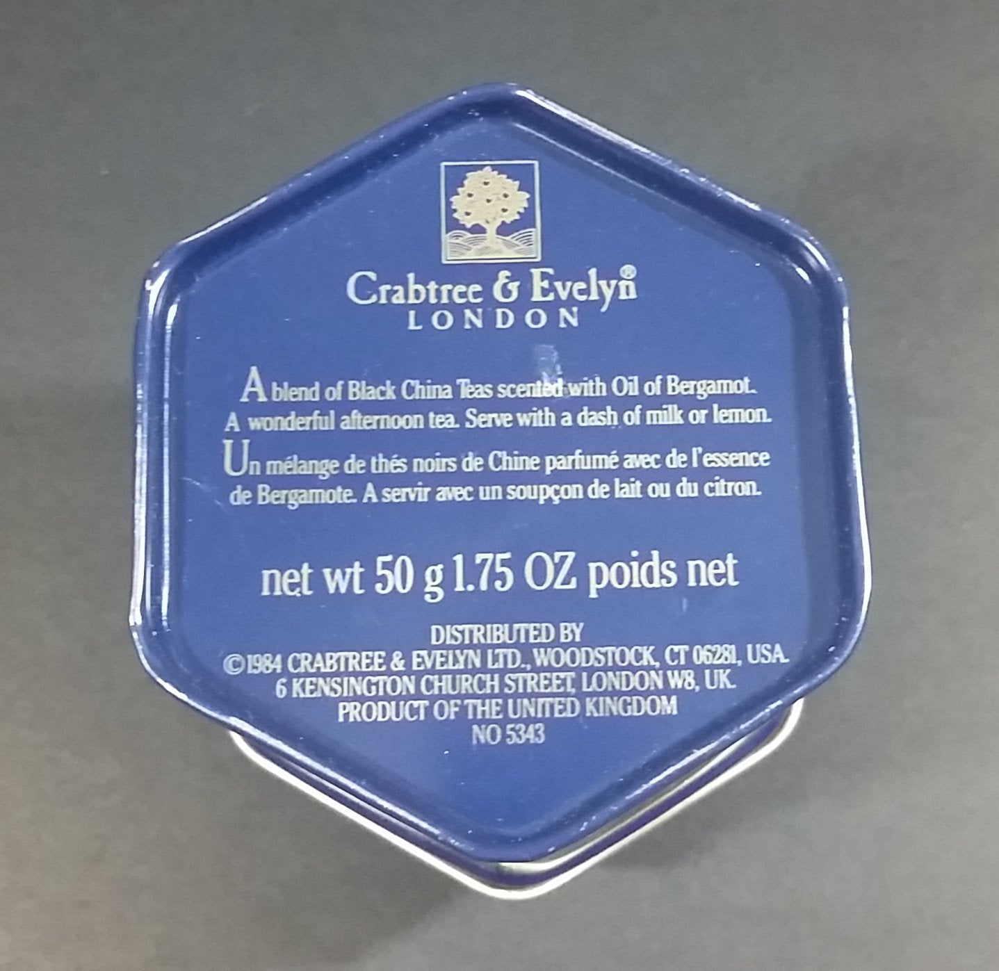 1984 Earl Grey Tea Crabtree & Evelyn London Hexagon Shaped Blue Tea Tin Collectible 11