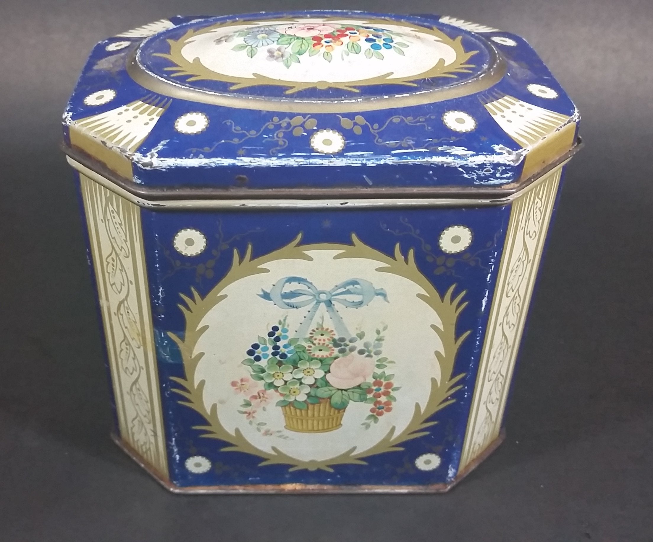 Vintage Gray and Dunn Flower Decorated Biscuits Sweets Tin Container Kitchen Collectible