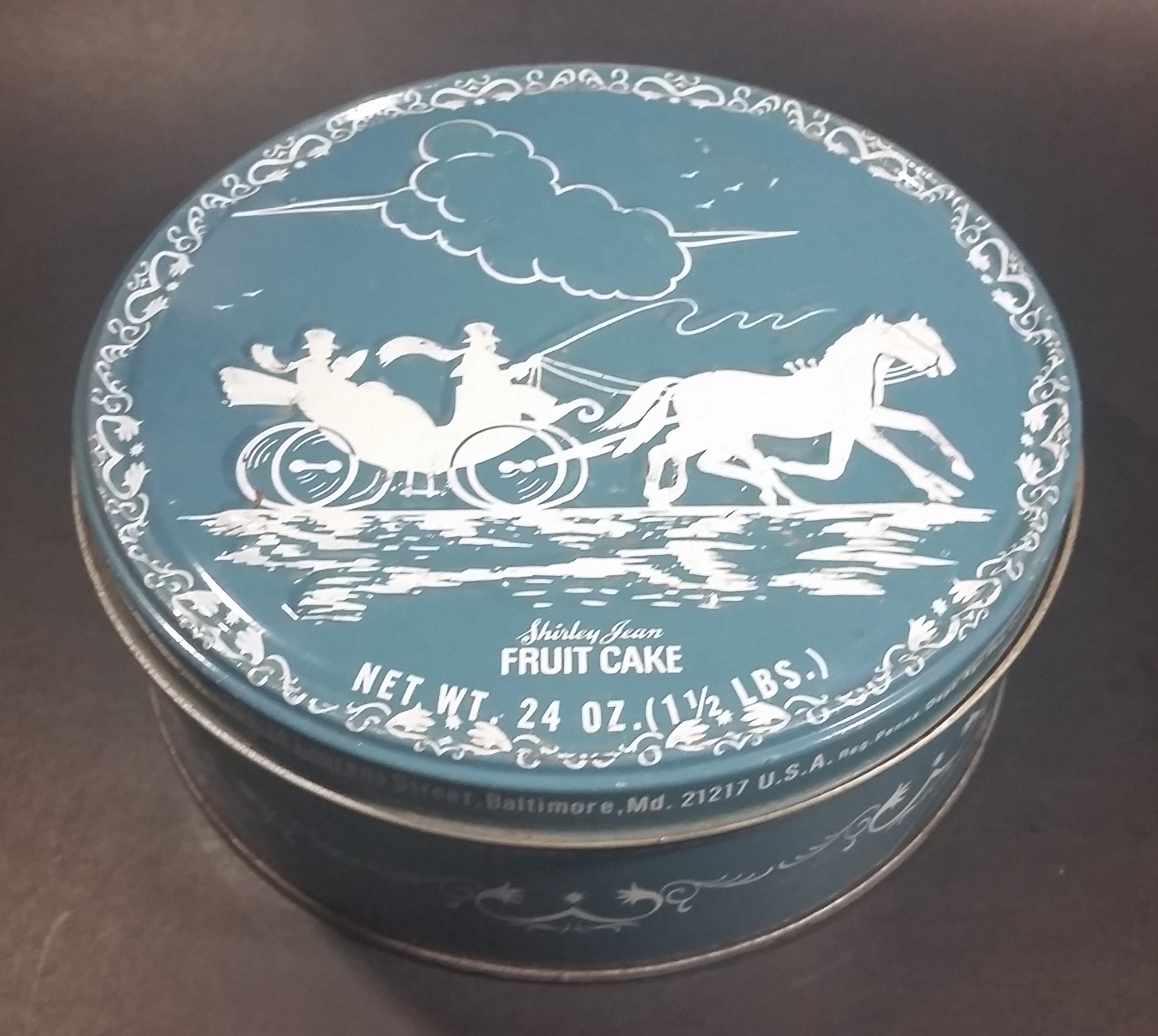 Vintage Shirley Jean Fruit Cake Embossed Cameo Style Decorative Blue and White Sweets Tin