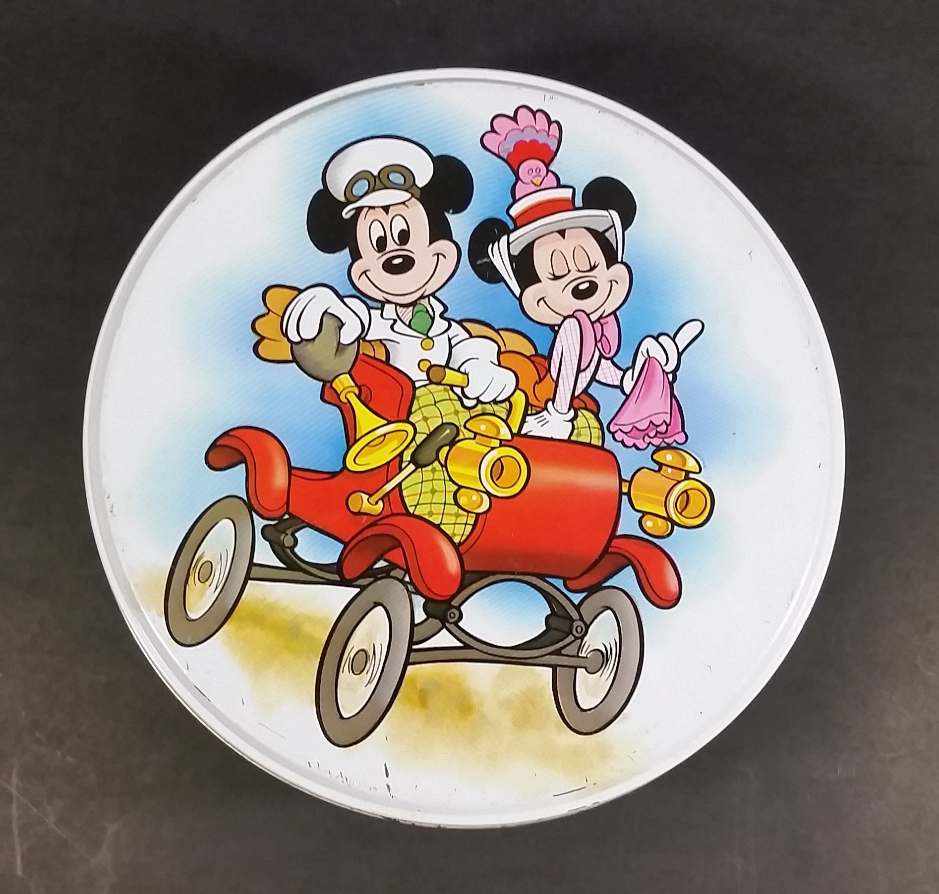 Rare Vintage Disney Mickey Mouse & Minnie Mouse in a Red Classic Car Round Tin Container 2