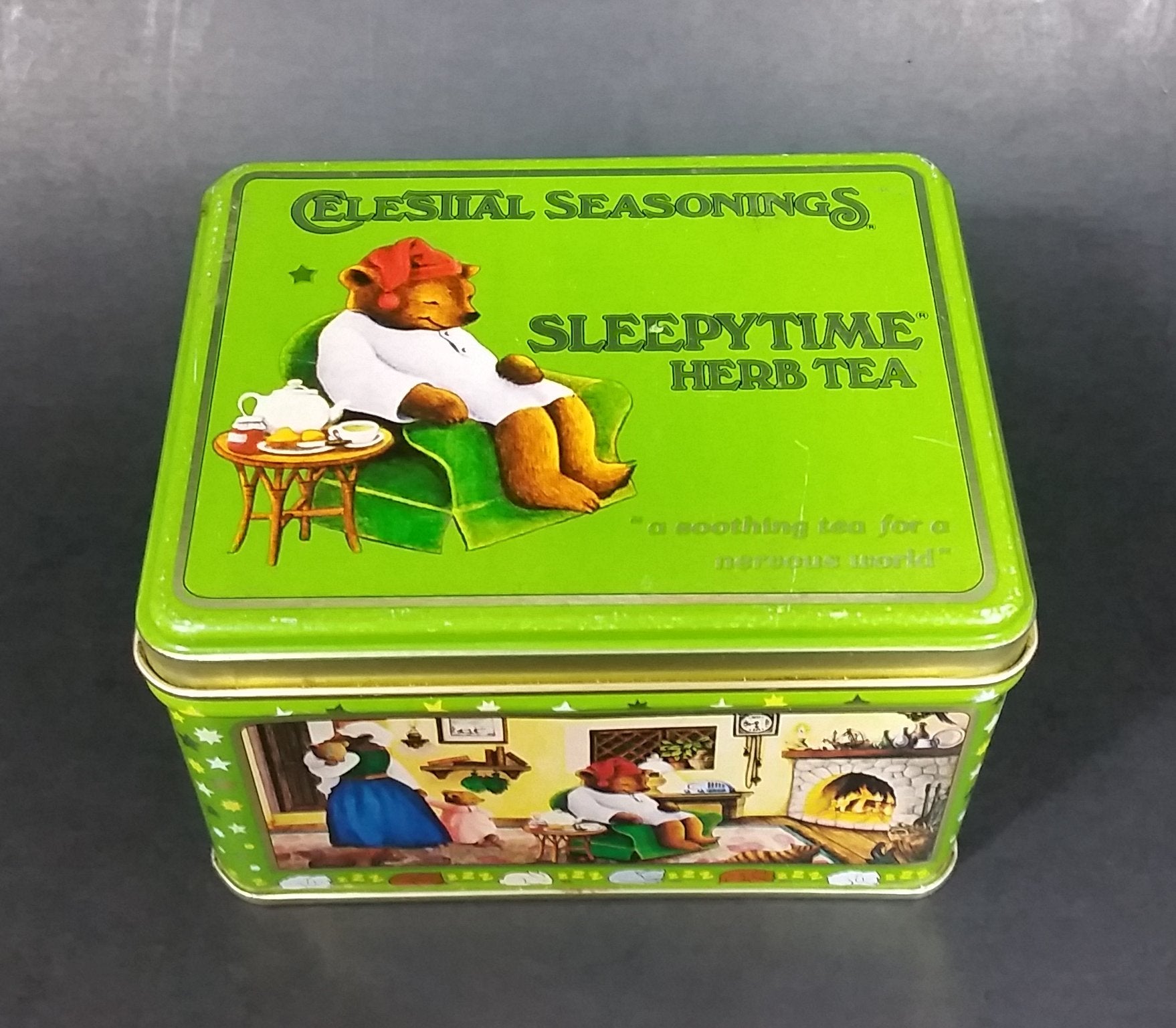1982 Celestial Seasonings Sleepytime Herb Tea Empty Green Tin Container