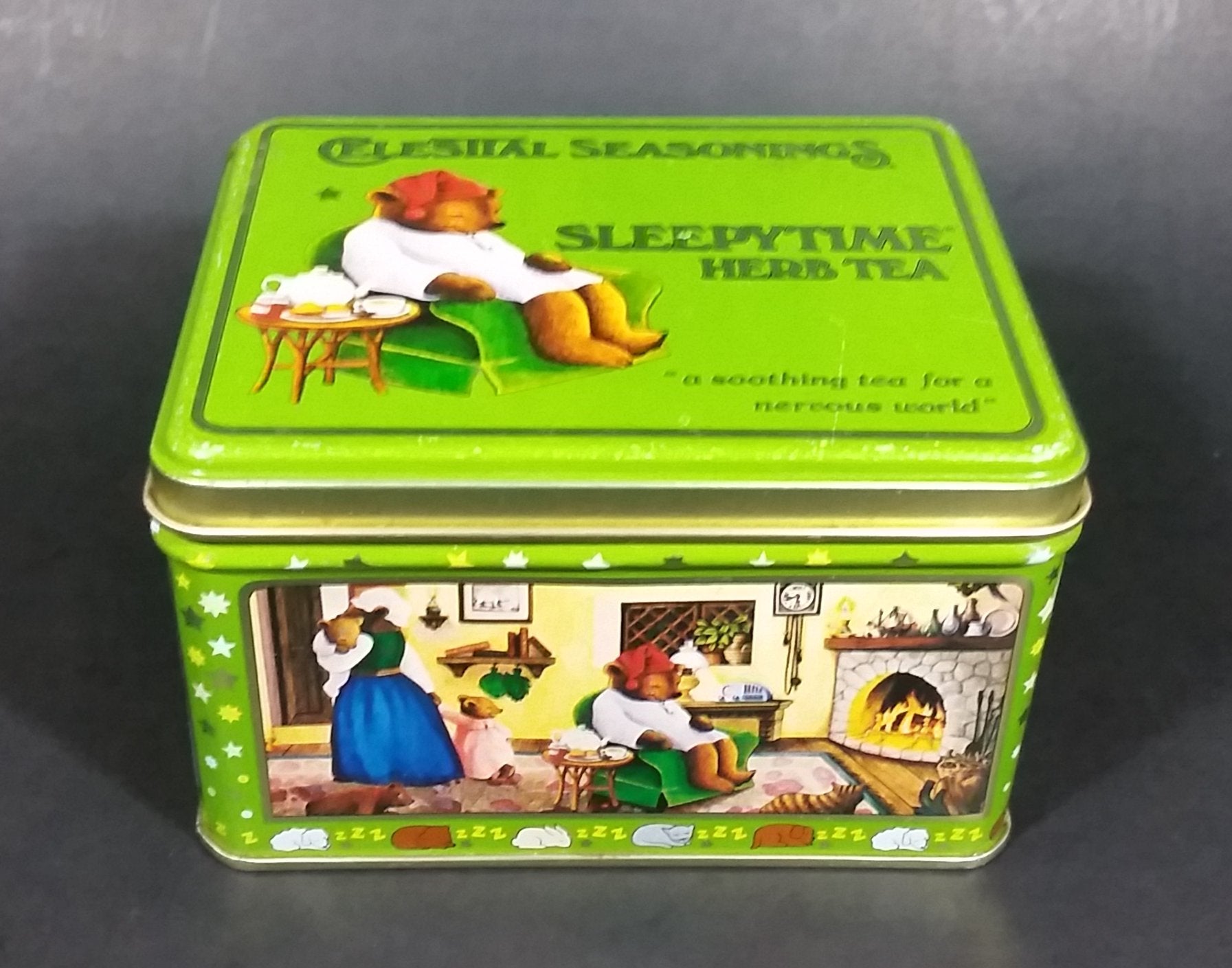 1982 Celestial Seasonings Sleepytime Herb Tea Empty Green Tin Container 2