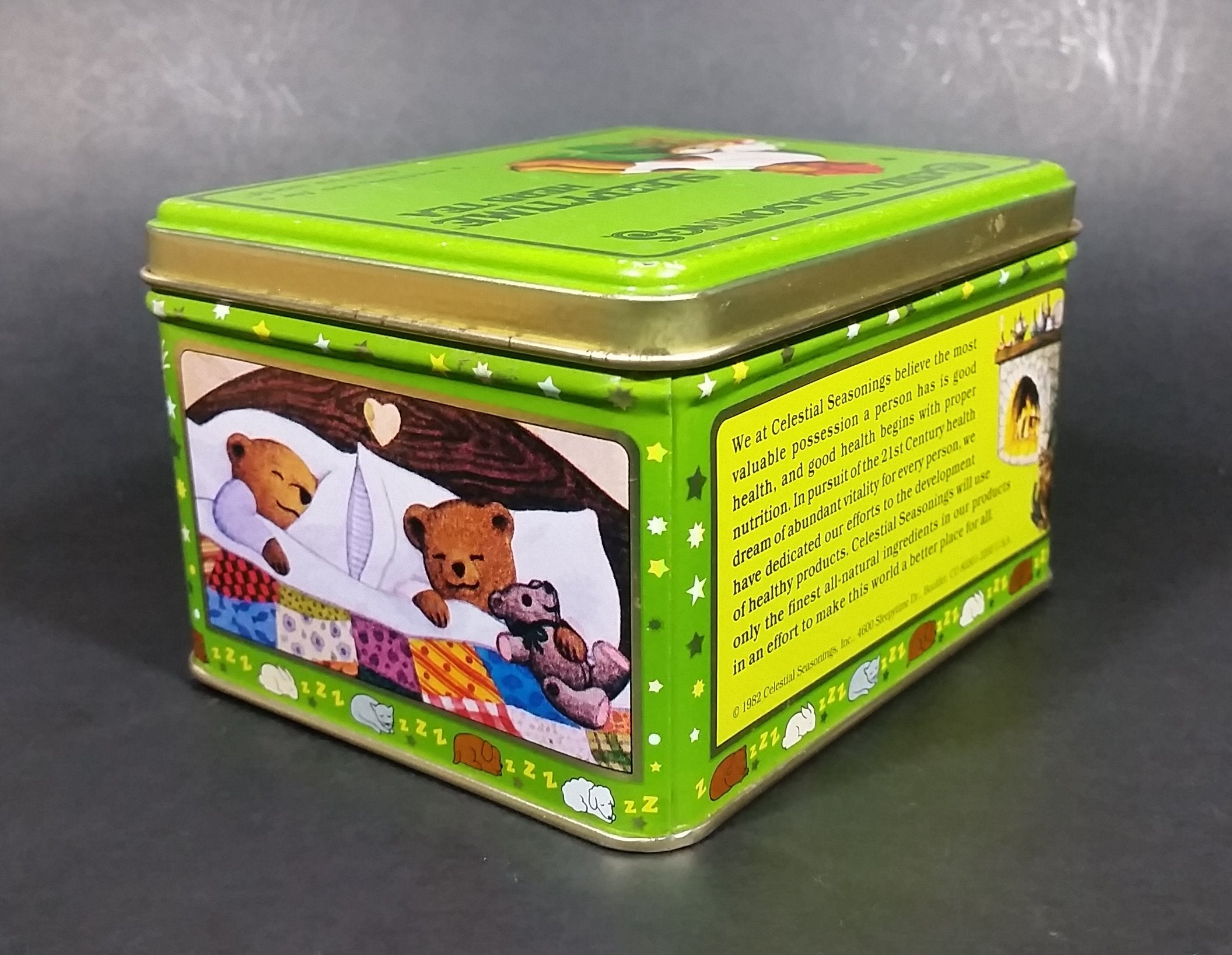 1982 Celestial Seasonings Sleepytime Herb Tea Empty Green Tin Container 6