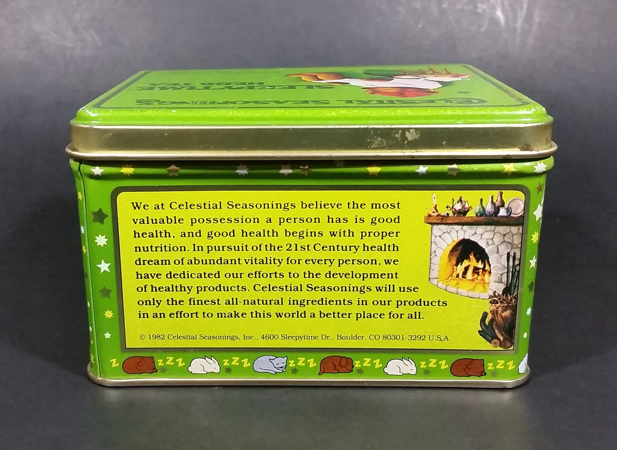 1982 Celestial Seasonings Sleepytime Herb Tea Empty Green Tin Container 7