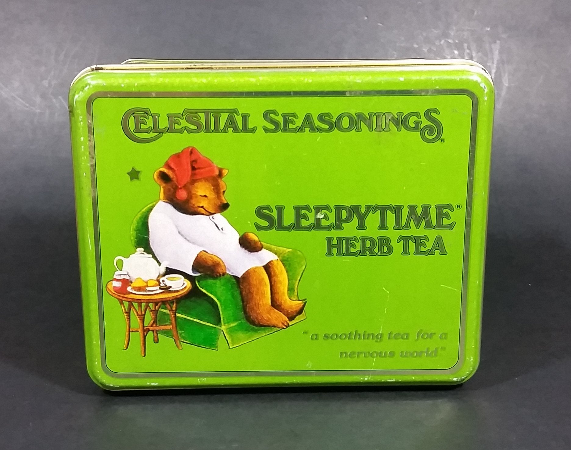 1982 Celestial Seasonings Sleepytime Herb Tea Empty Green Tin Container 11