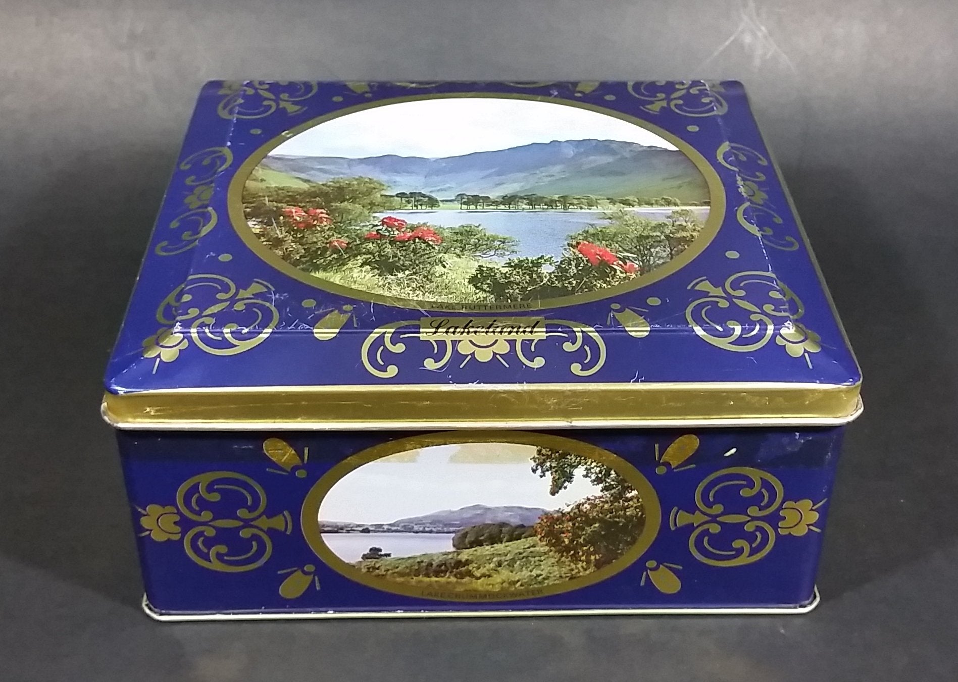Vintage St Michael Marks & Spencer Biscuits Tin Blue with Gold Motif -  Lake Scenes on each side 12