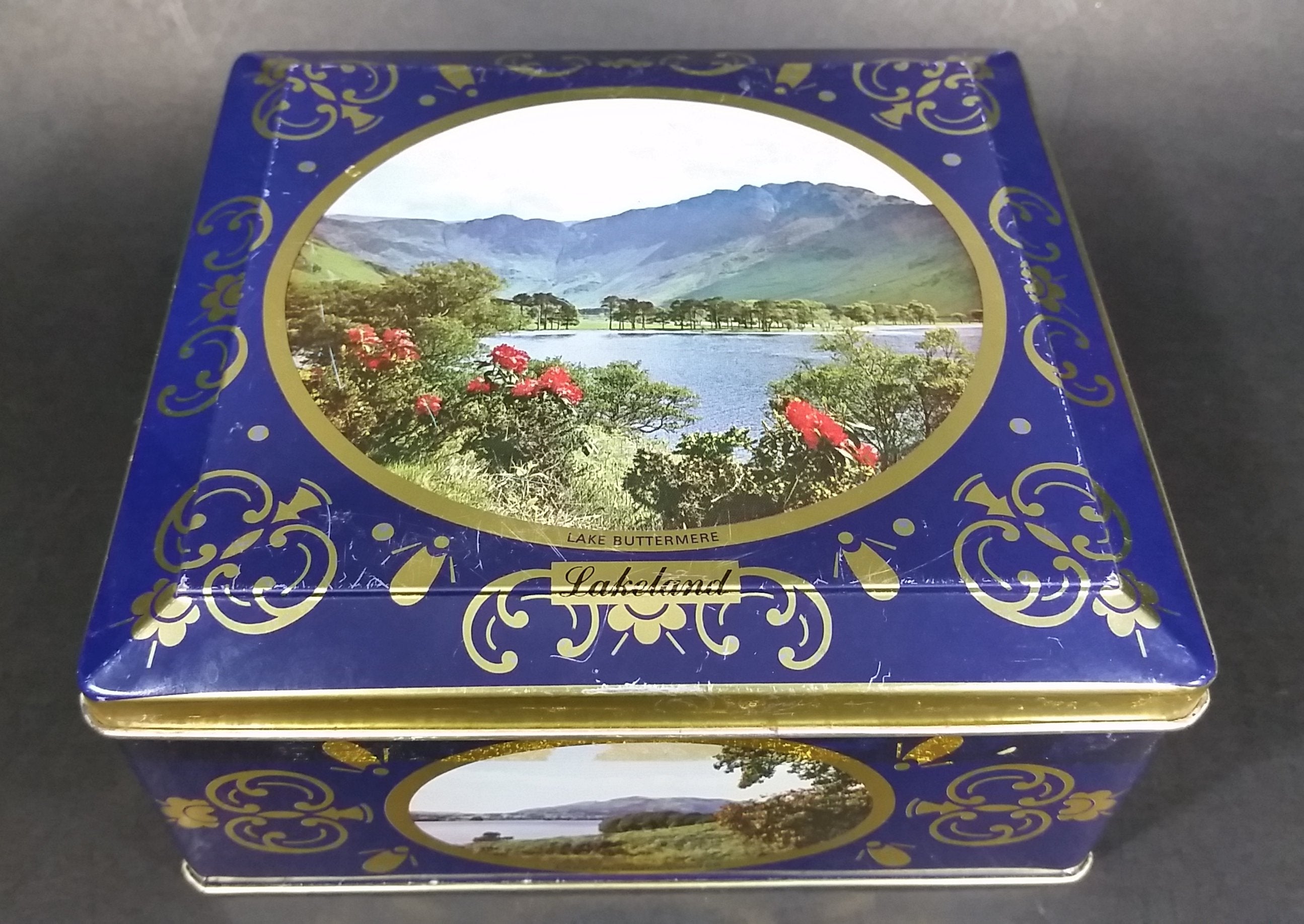 Vintage St Michael Marks & Spencer Biscuits Tin Blue with Gold Motif -  Lake Scenes on each side 13