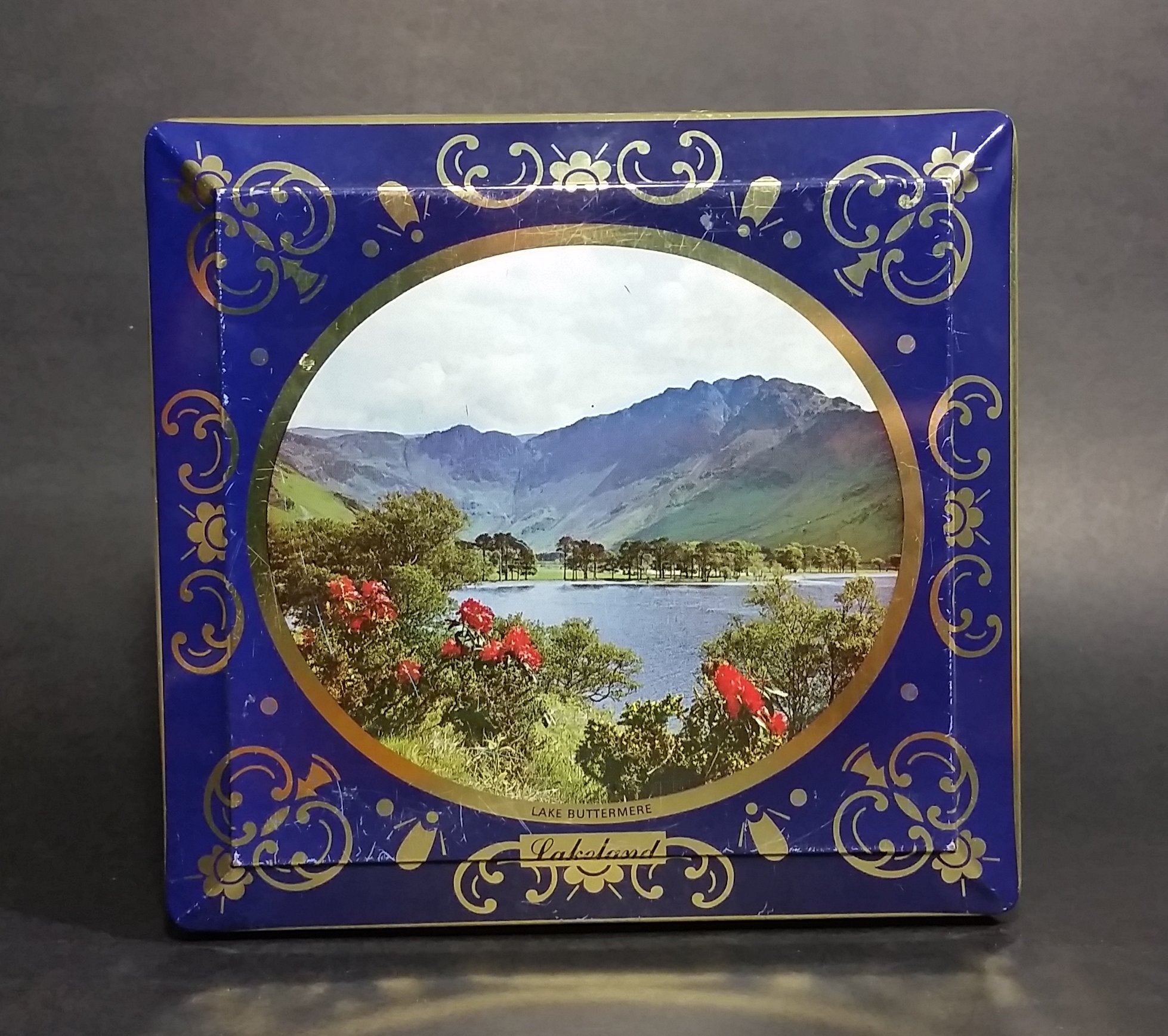 Vintage St Michael Marks & Spencer Biscuits Tin Blue with Gold Motif -  Lake Scenes on each side
