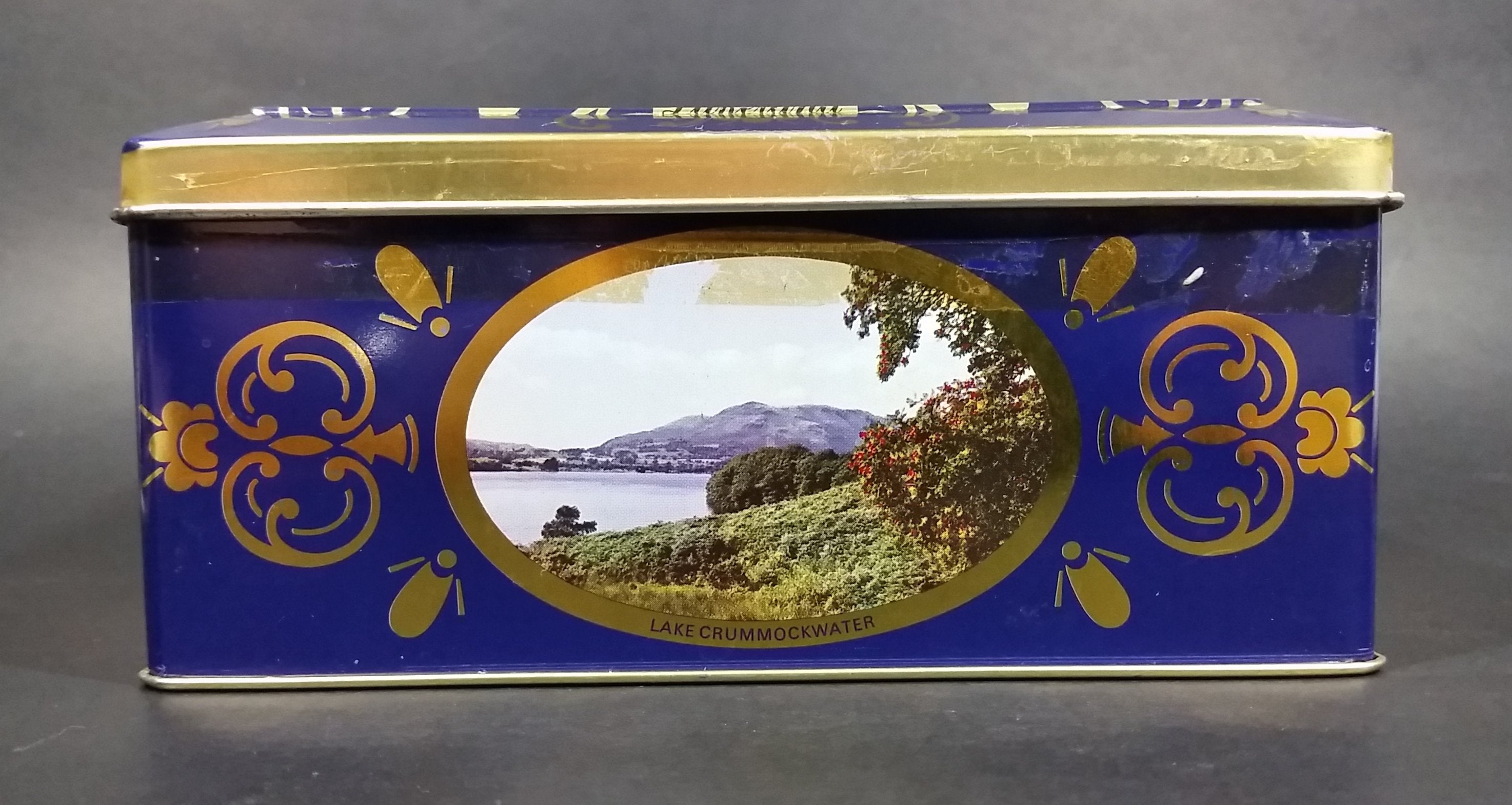 Vintage St Michael Marks & Spencer Biscuits Tin Blue with Gold Motif -  Lake Scenes on each side 2