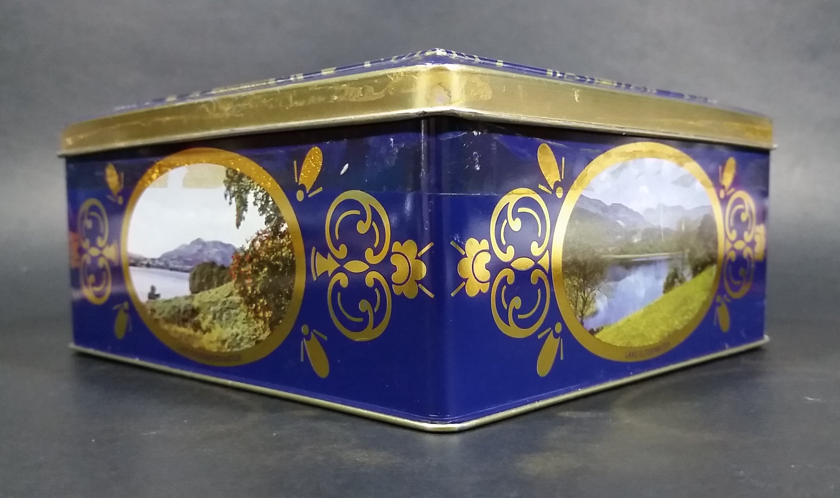 Vintage St Michael Marks & Spencer Biscuits Tin Blue with Gold Motif -  Lake Scenes on each side 3