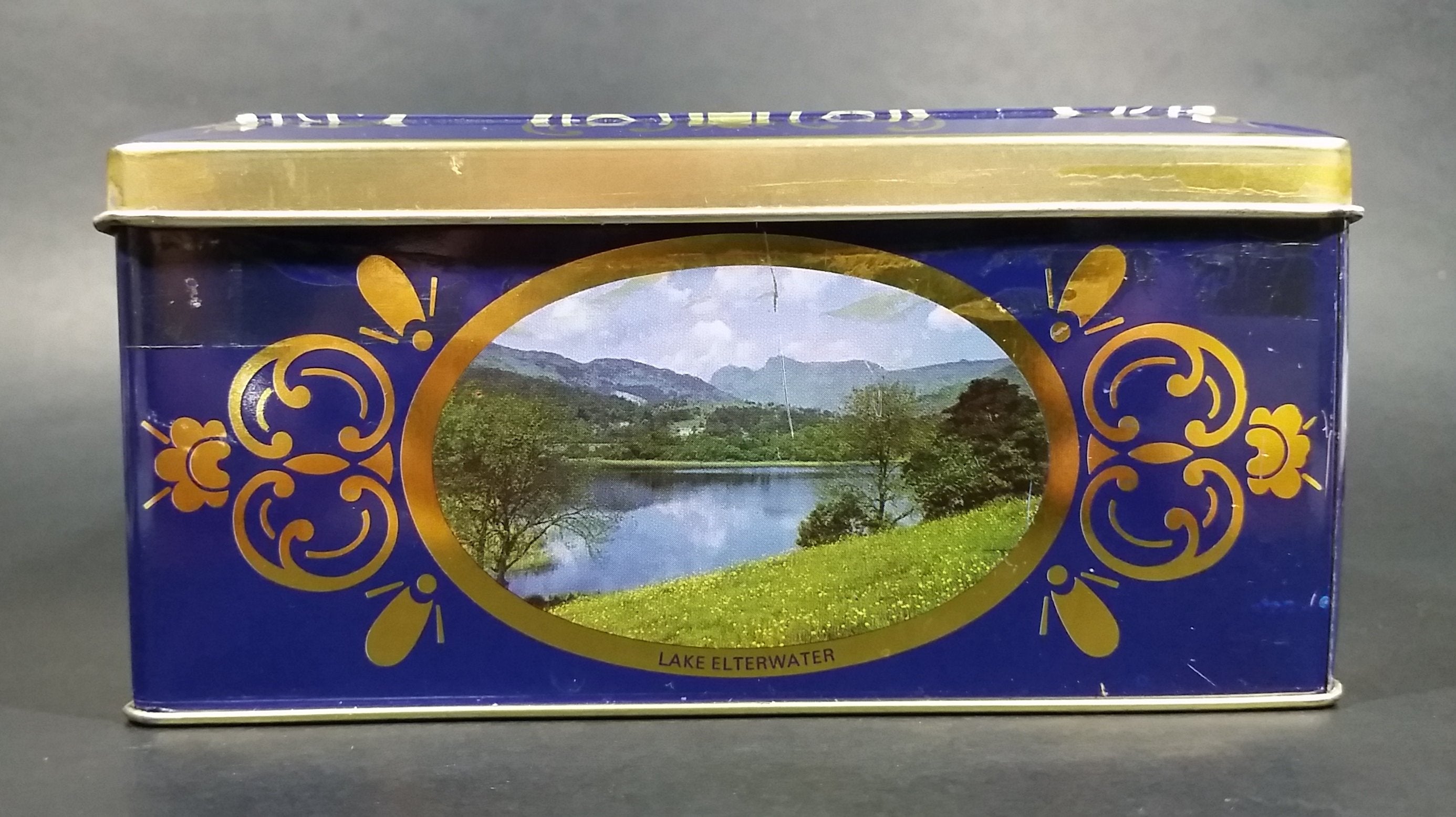 Vintage St Michael Marks & Spencer Biscuits Tin Blue with Gold Motif -  Lake Scenes on each side 4