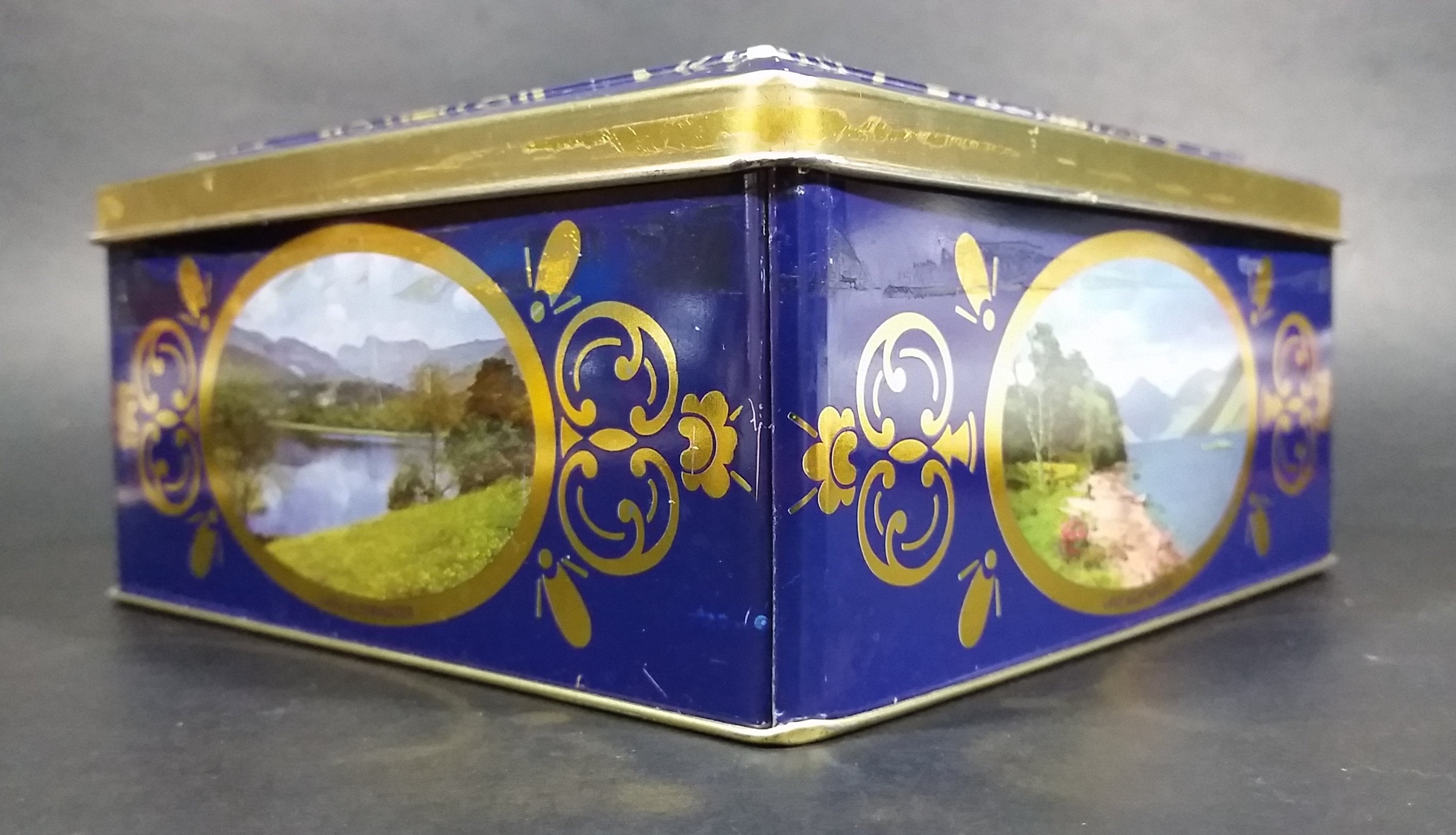 Vintage St Michael Marks & Spencer Biscuits Tin Blue with Gold Motif -  Lake Scenes on each side 5