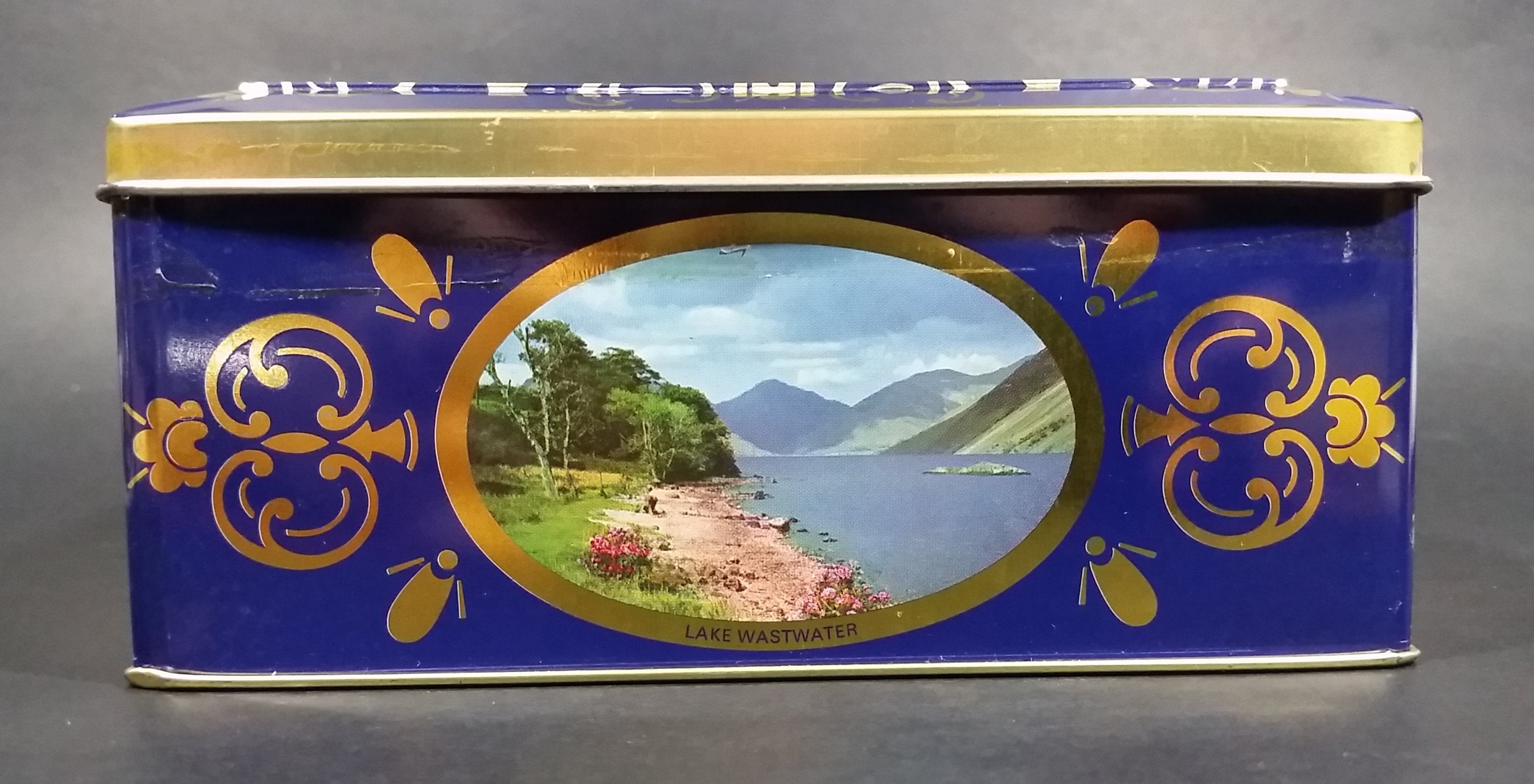 Vintage St Michael Marks & Spencer Biscuits Tin Blue with Gold Motif -  Lake Scenes on each side 6