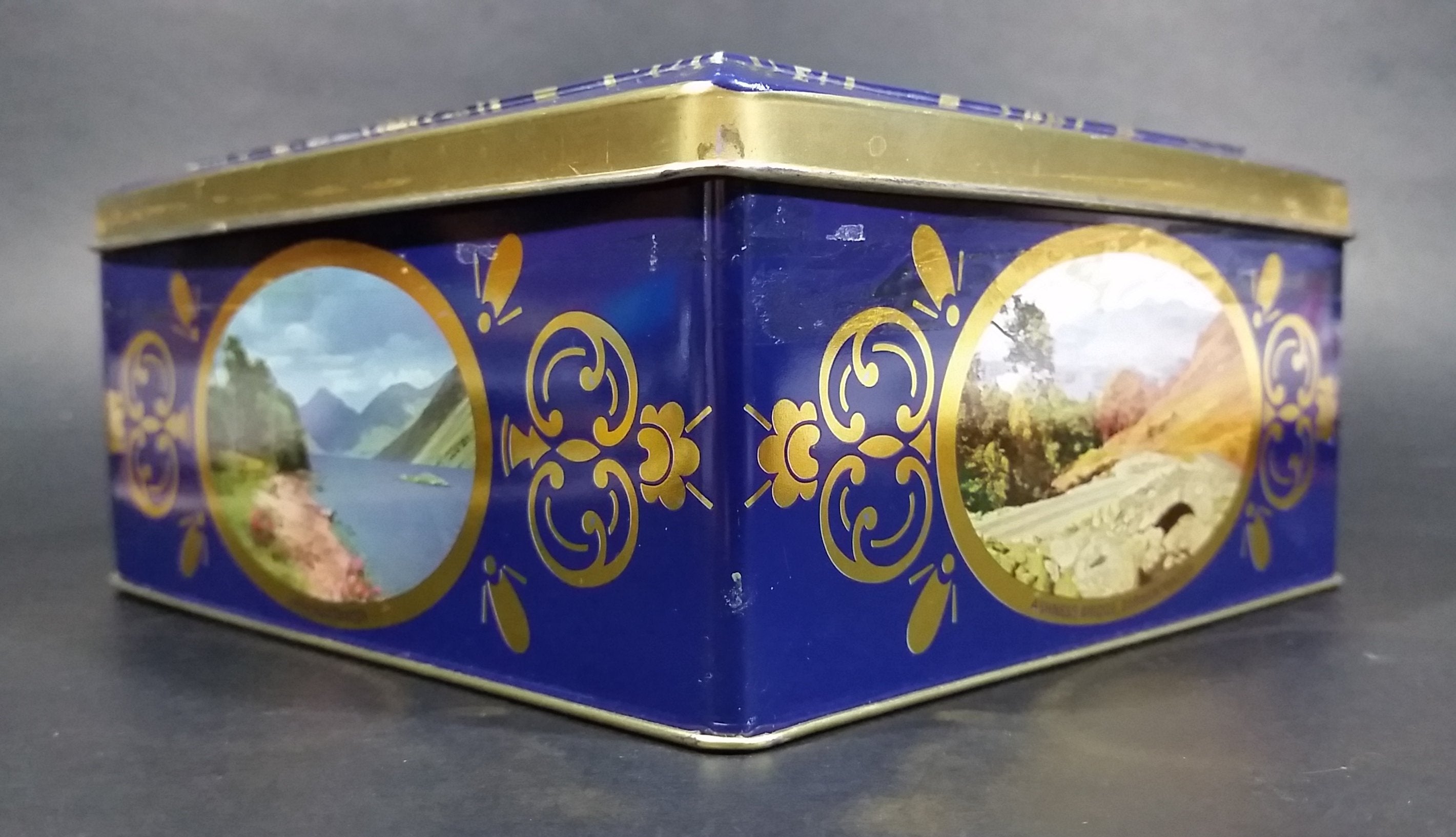 Vintage St Michael Marks & Spencer Biscuits Tin Blue with Gold Motif -  Lake Scenes on each side 7