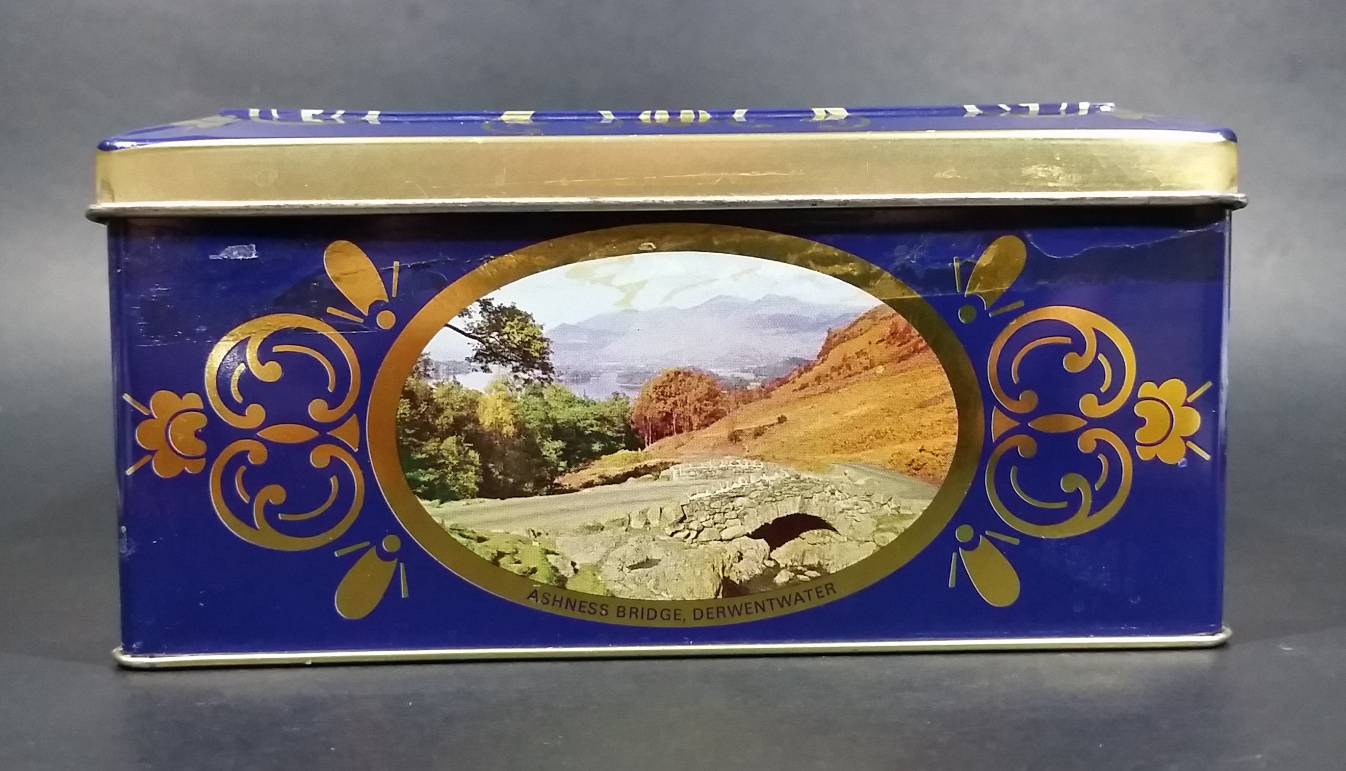 Vintage St Michael Marks & Spencer Biscuits Tin Blue with Gold Motif -  Lake Scenes on each side 8