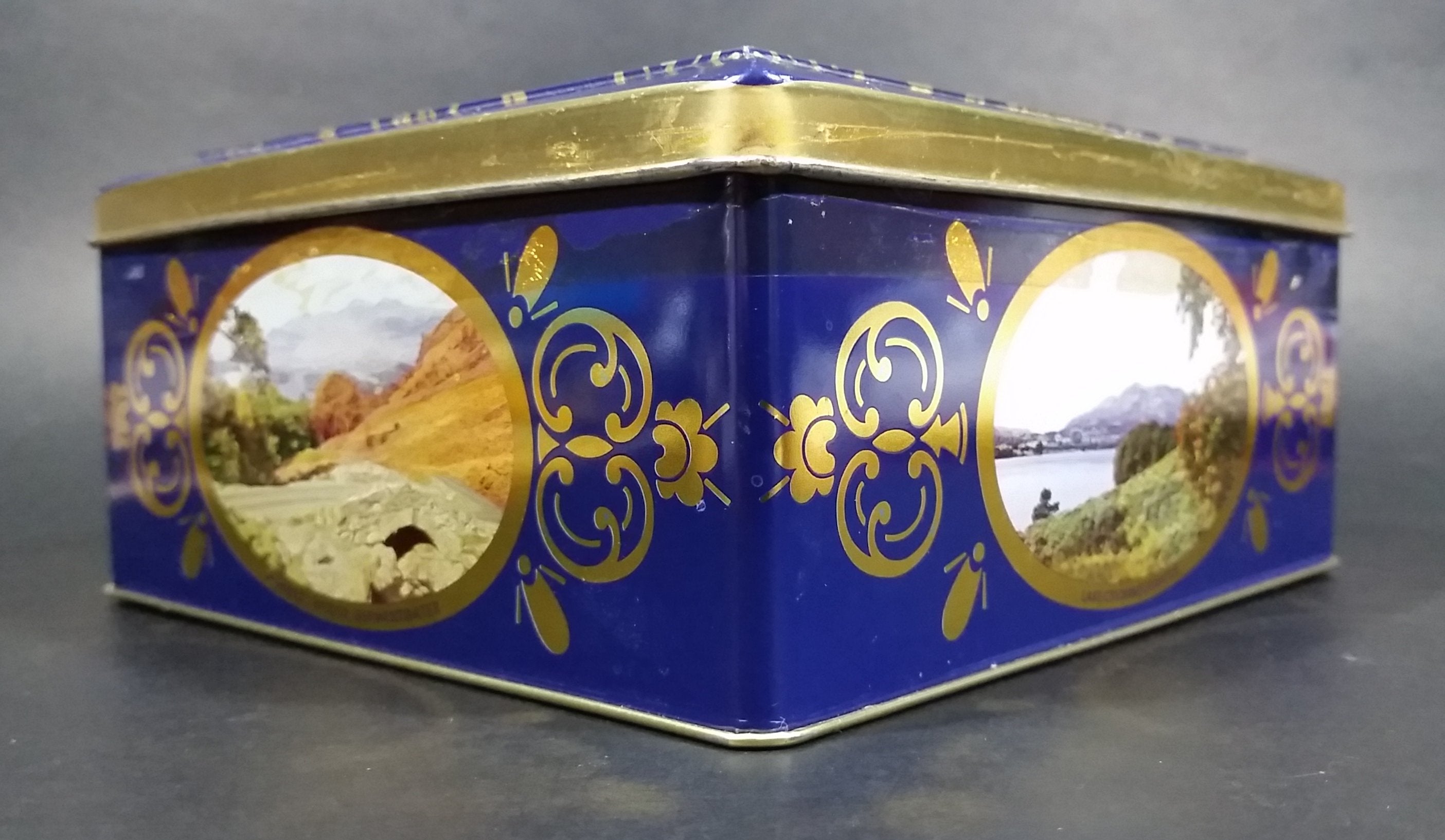 Vintage St Michael Marks & Spencer Biscuits Tin Blue with Gold Motif -  Lake Scenes on each side 9