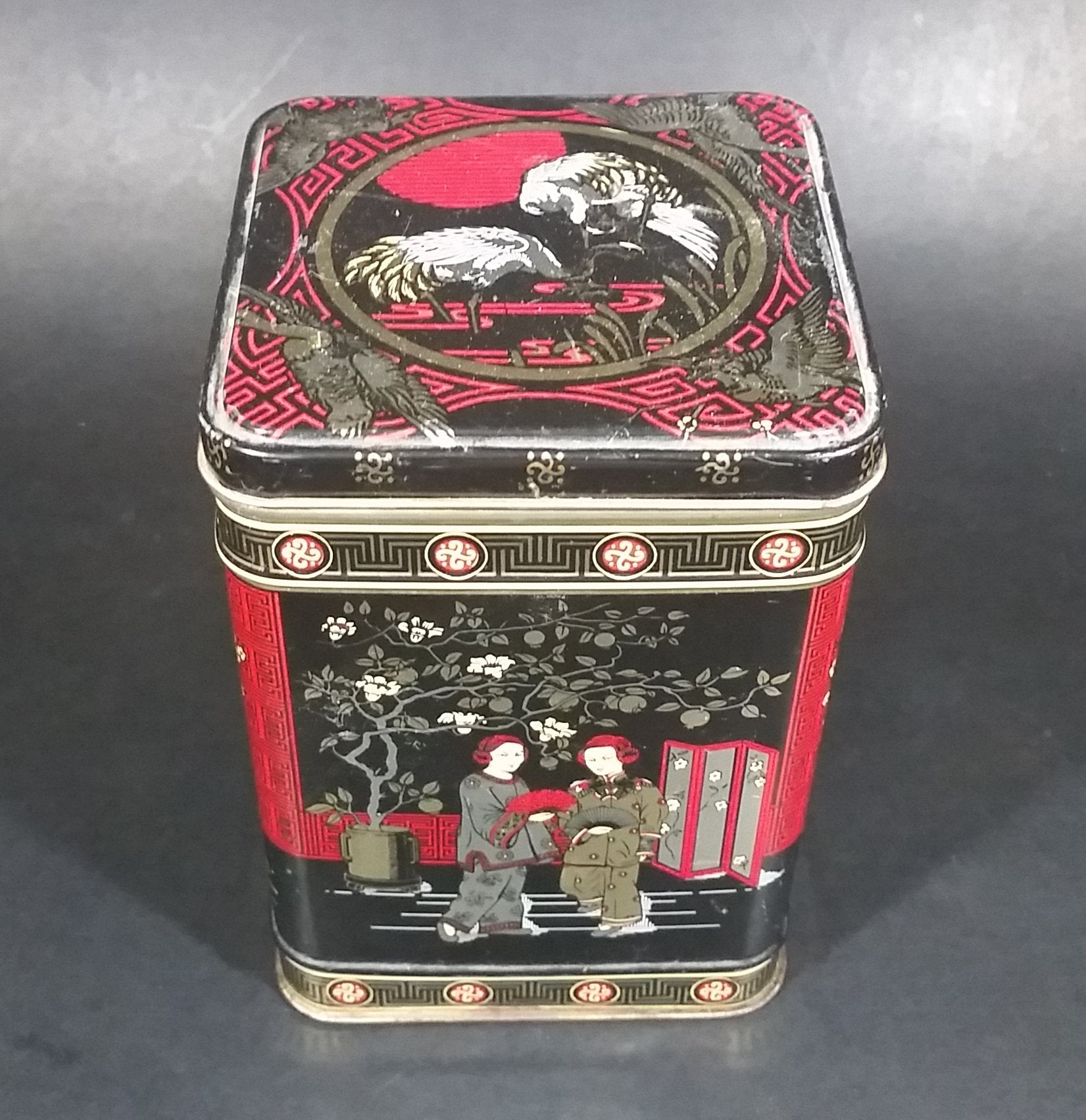 Vintage Bristow's Assorted Toffee Oriental Asian Black, Red, Gold Themed Tin Container