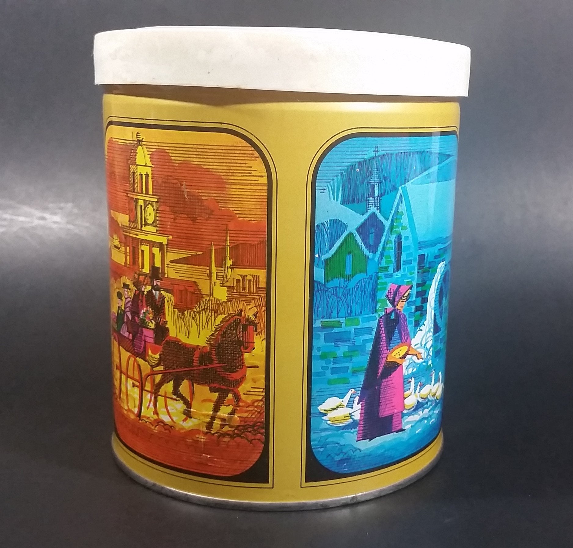 Vintage Round Colorful Sweets Tin with Old Winter Scenes Inside and Out w/ Lid Patented 1960