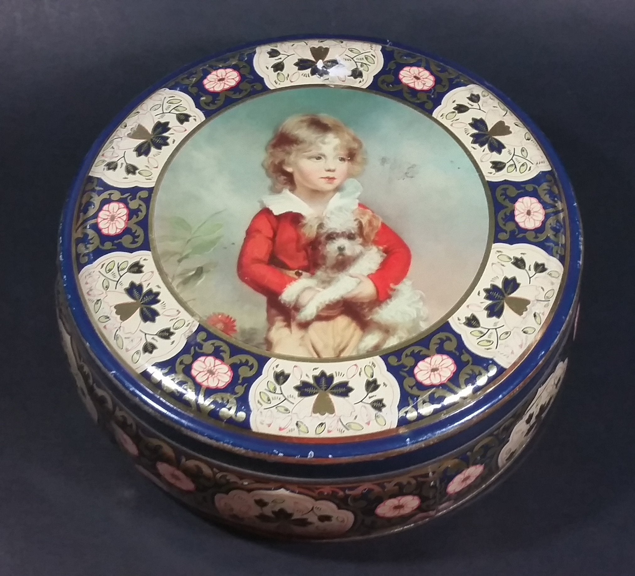 Vintage 1950s Peek Frean's Biscuits Tin with Portrait of French Boy Holding Dog by C. Bremont