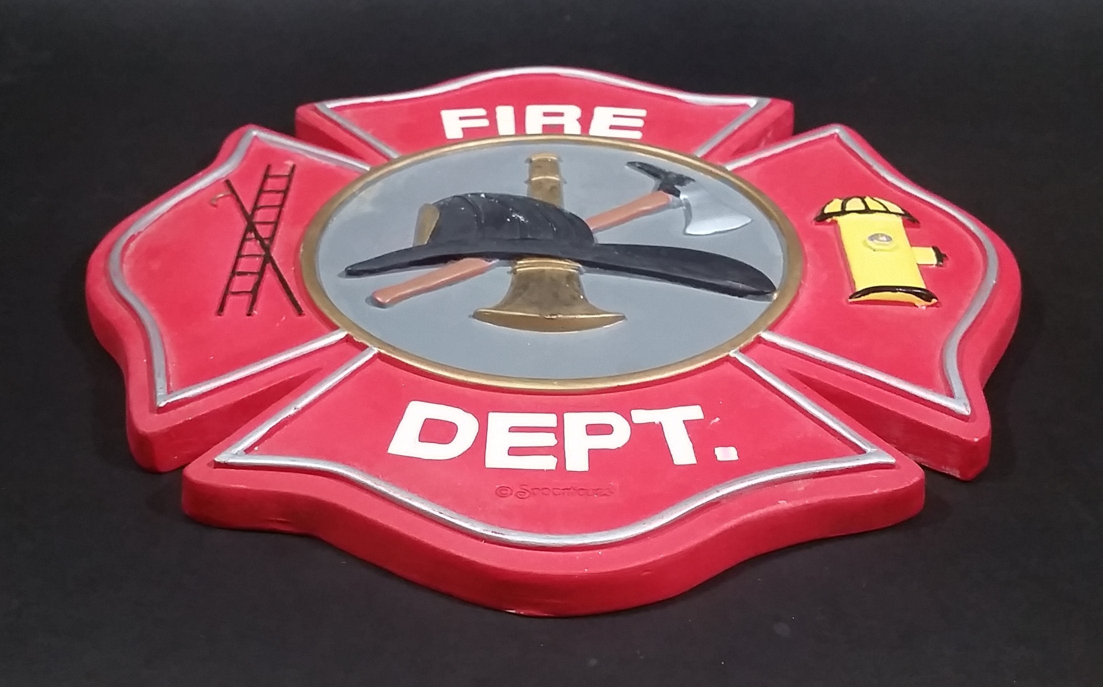 Spoontiques Fire Dept. Maltese Cross Red Stepping Stone Wall Hanging w/ Hook, Ladder, Hat, and Hydrant 3