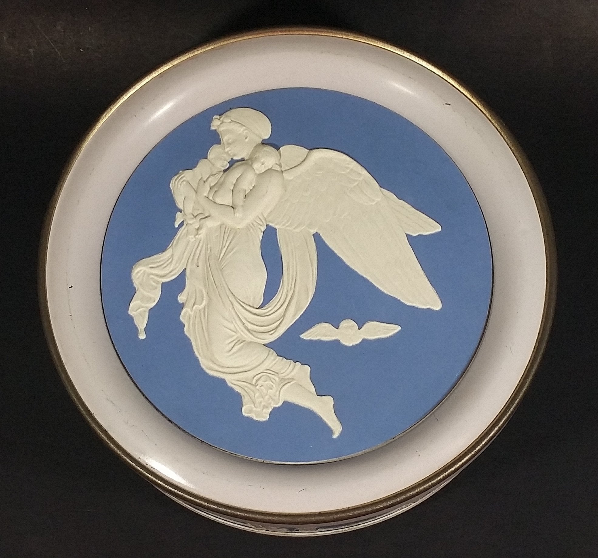 Vintage Round Light Blue and White Cameo Embossed Angels and Babies Tin Storage Container