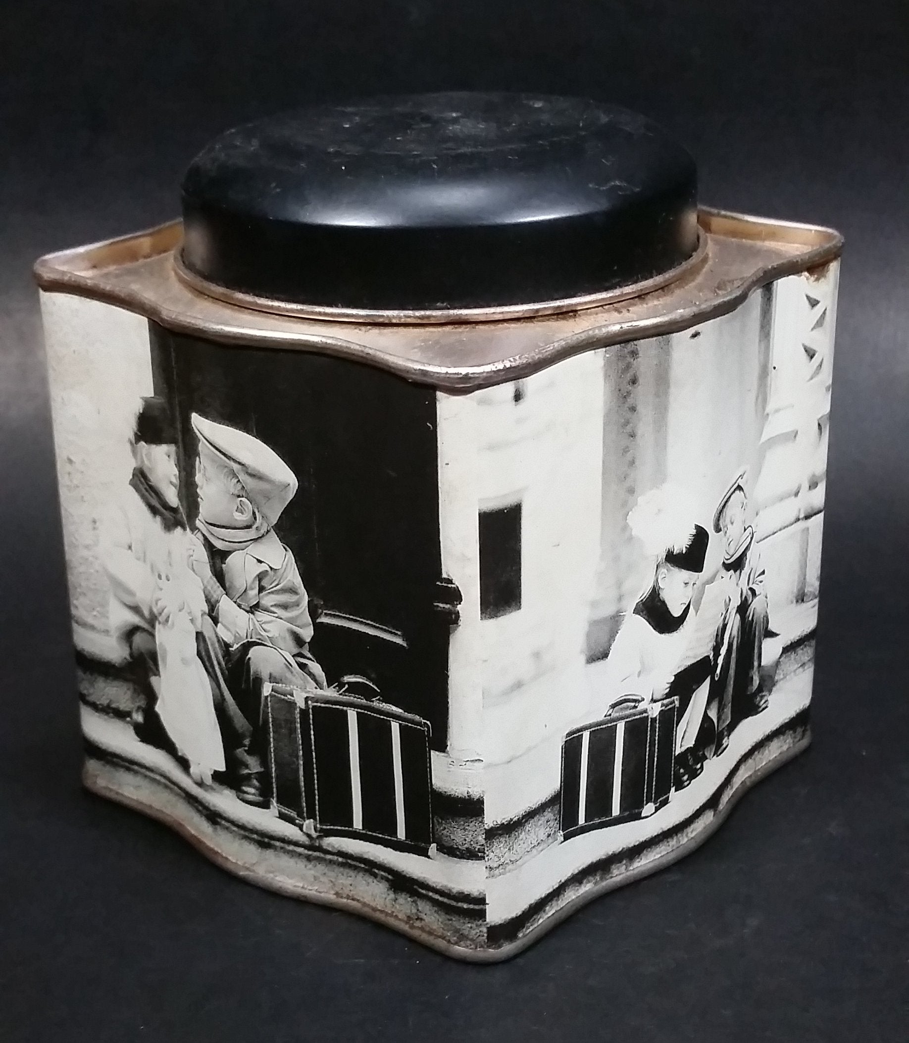 Black and White Photograph Cocoa Storage Tin of a Boy and a Girl Sitting in Different Scenes 2