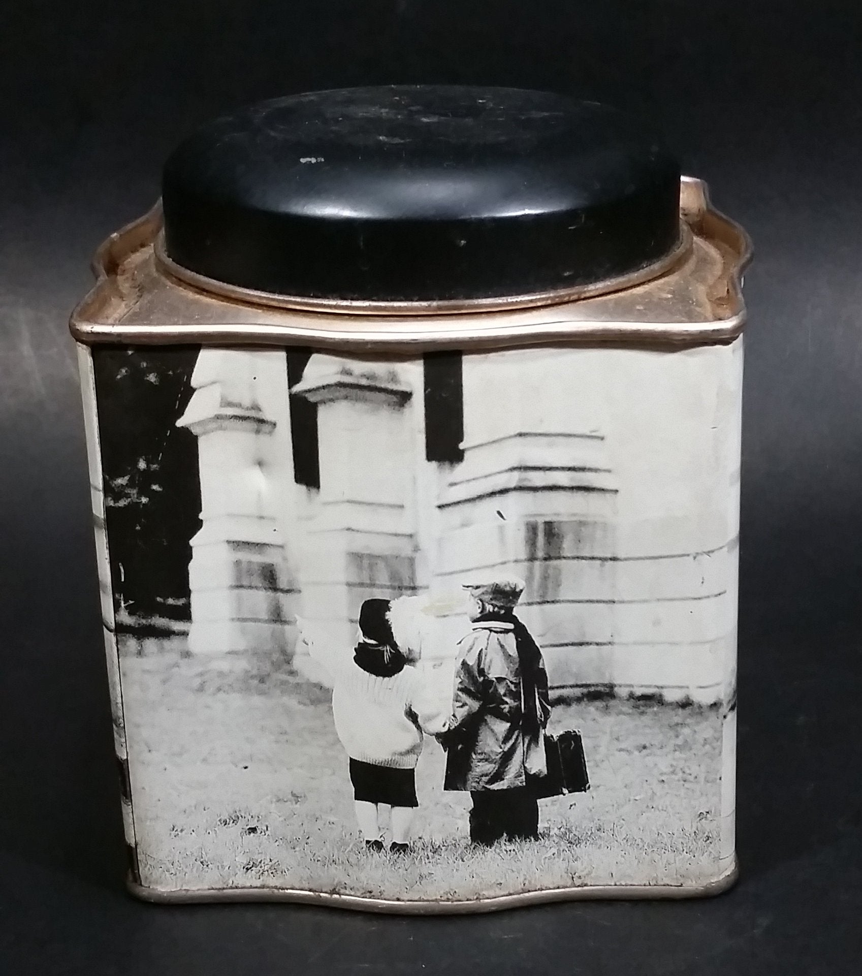 Black and White Photograph Cocoa Storage Tin of a Boy and a Girl Sitting in Different Scenes 5