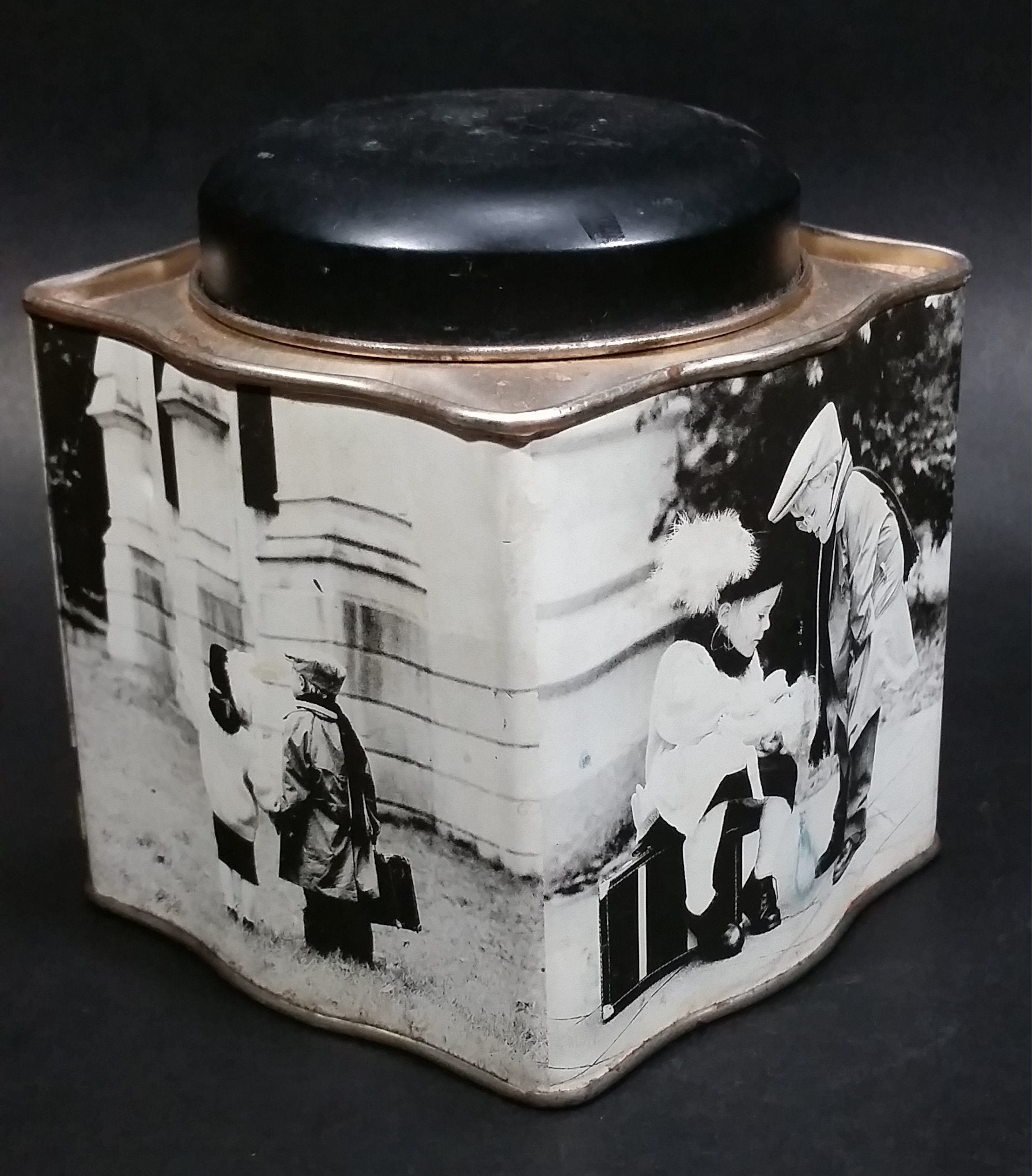 Black and White Photograph Cocoa Storage Tin of a Boy and a Girl Sitting in Different Scenes 6