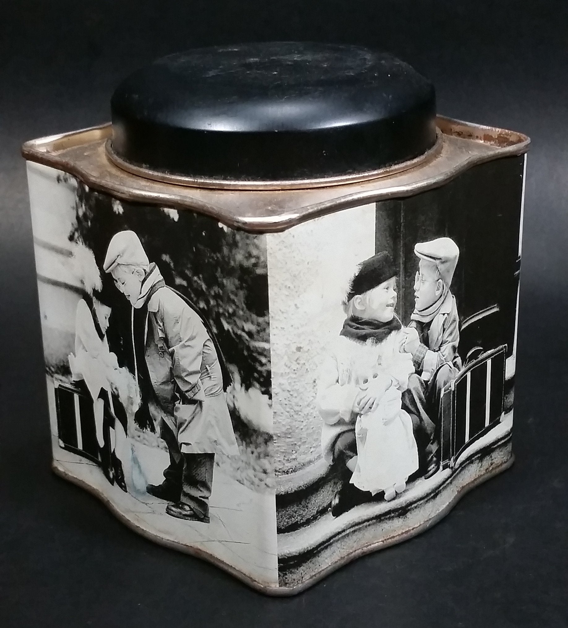 Black and White Photograph Cocoa Storage Tin of a Boy and a Girl Sitting in Different Scenes 8