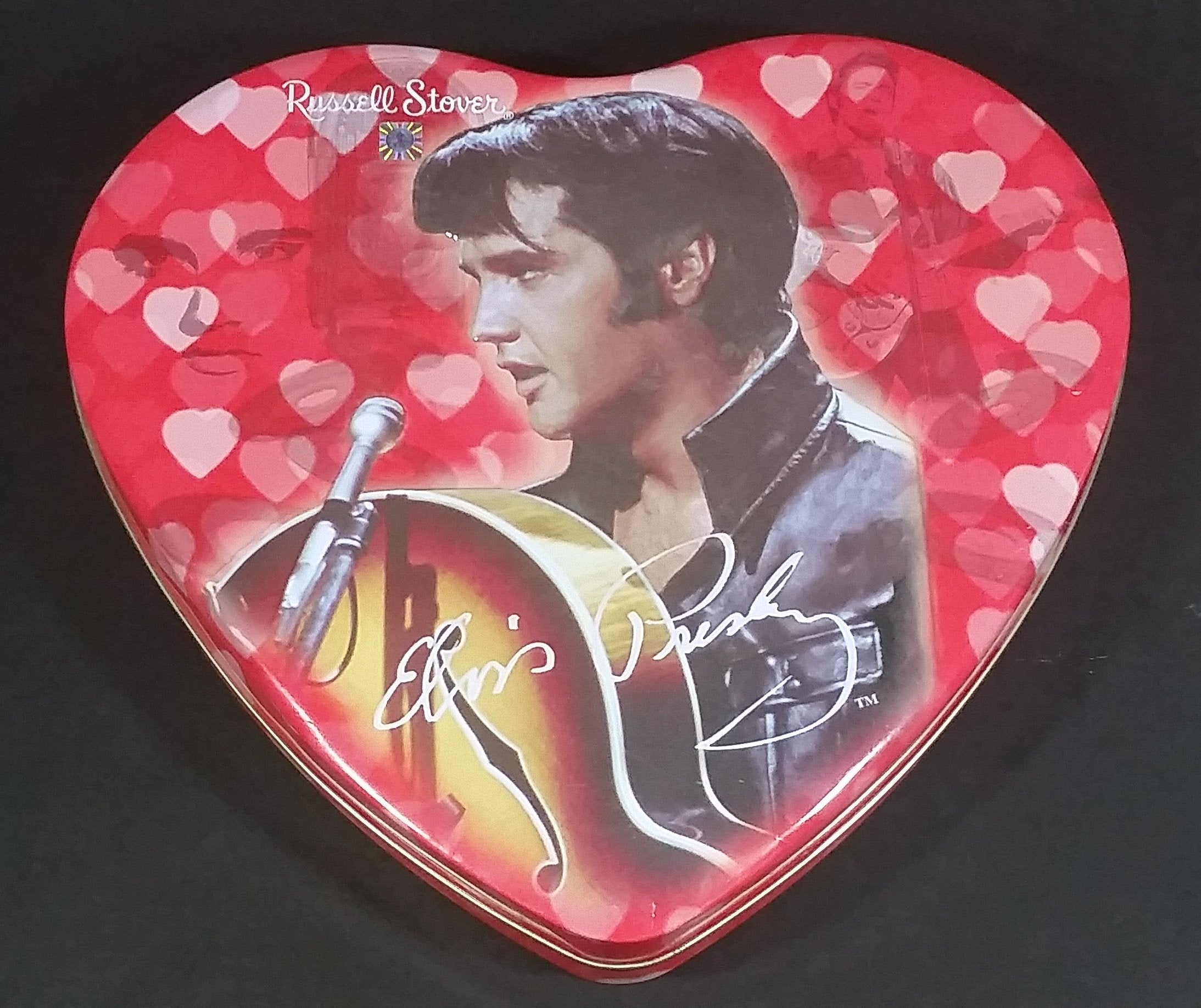 2002 Russell Stover Pink and Red Heart Shaped Elvis Presley Assorted Chocolates Tin Container