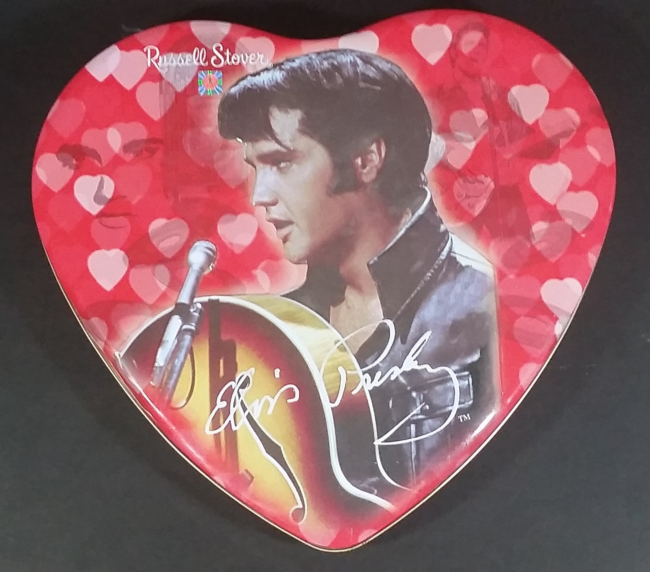 2002 Russell Stover Pink and Red Heart Shaped Elvis Presley Assorted Chocolates Tin Container 2