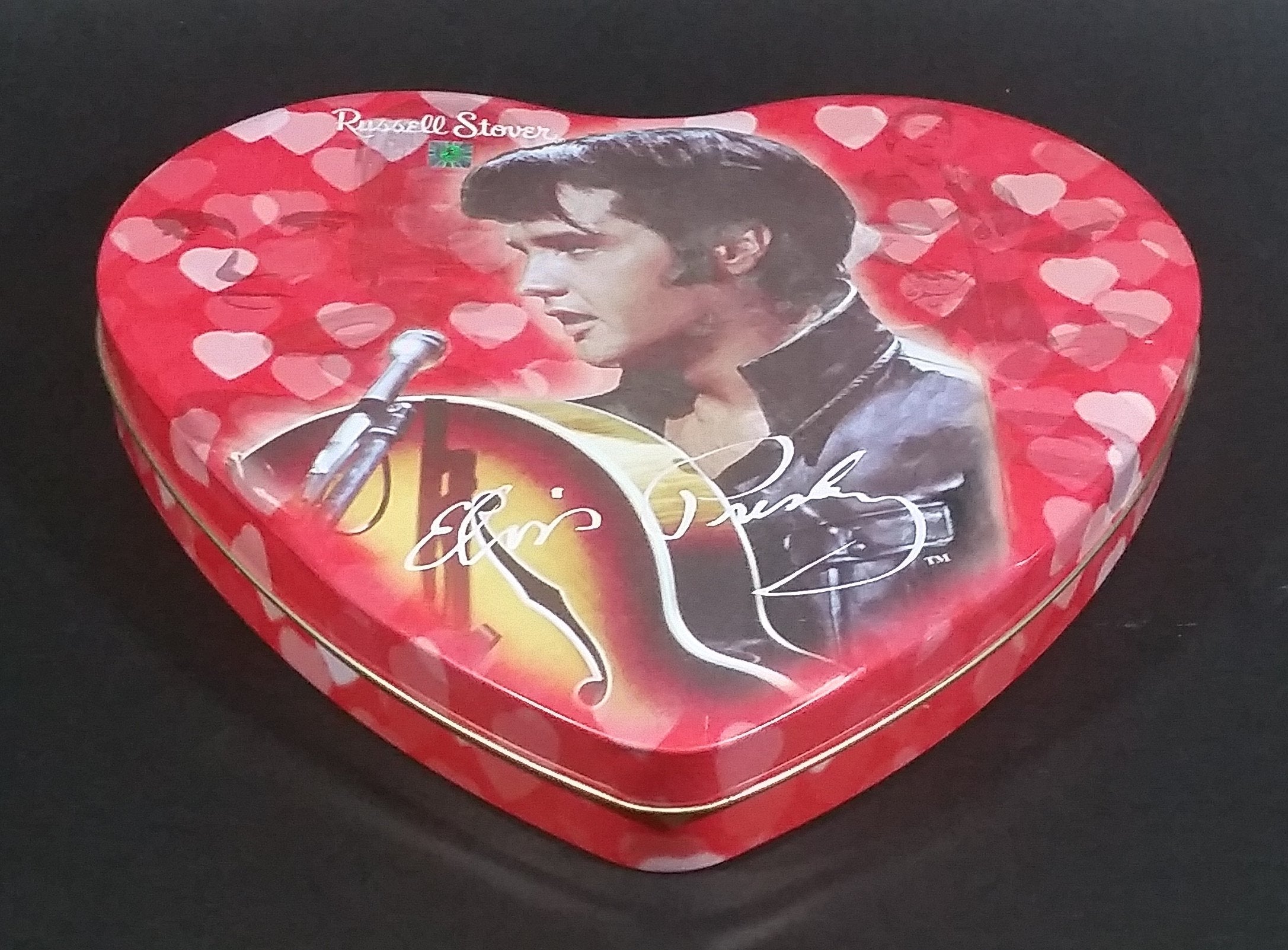 2002 Russell Stover Pink and Red Heart Shaped Elvis Presley Assorted Chocolates Tin Container 3