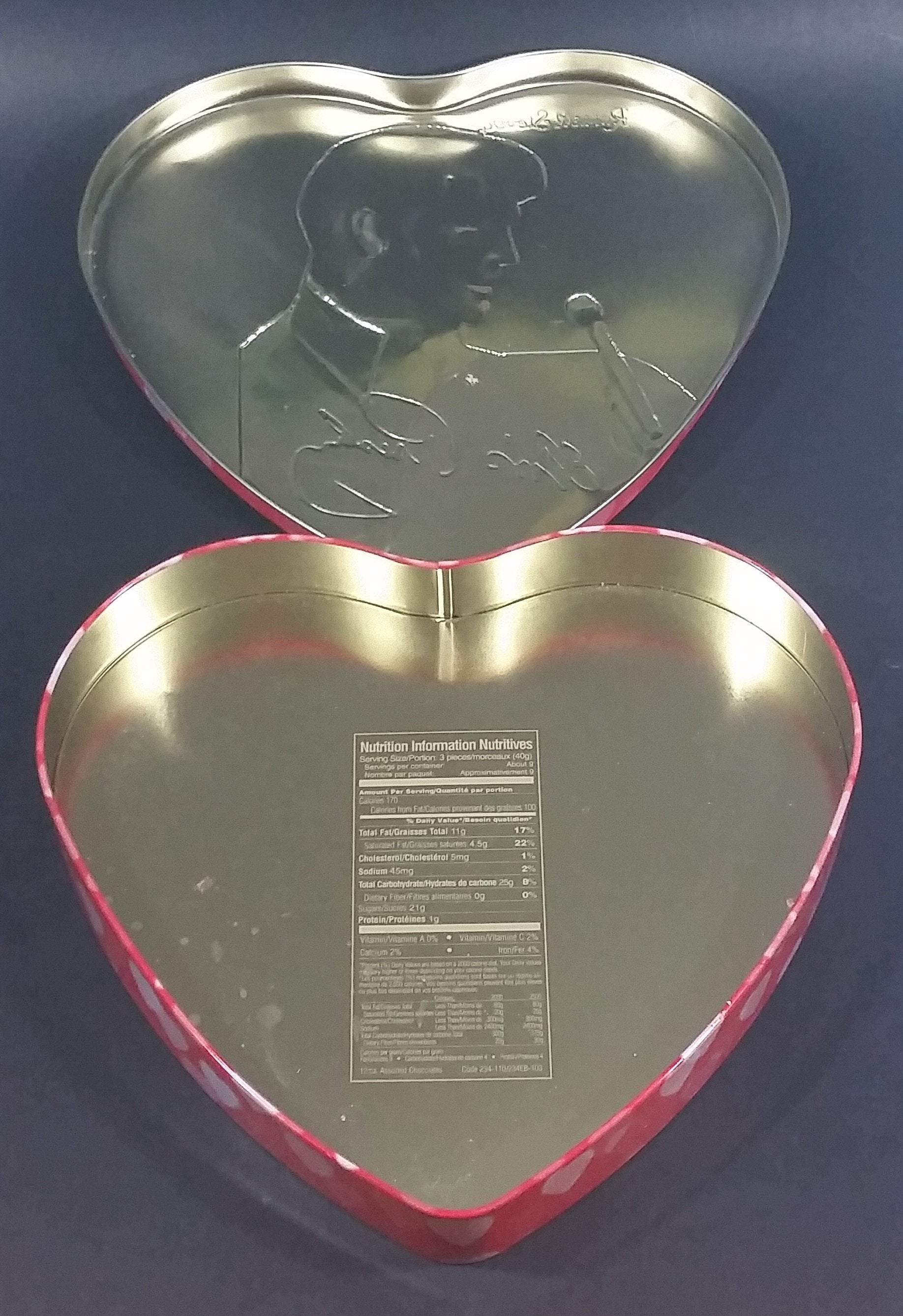 2002 Russell Stover Pink and Red Heart Shaped Elvis Presley Assorted Chocolates Tin Container 6
