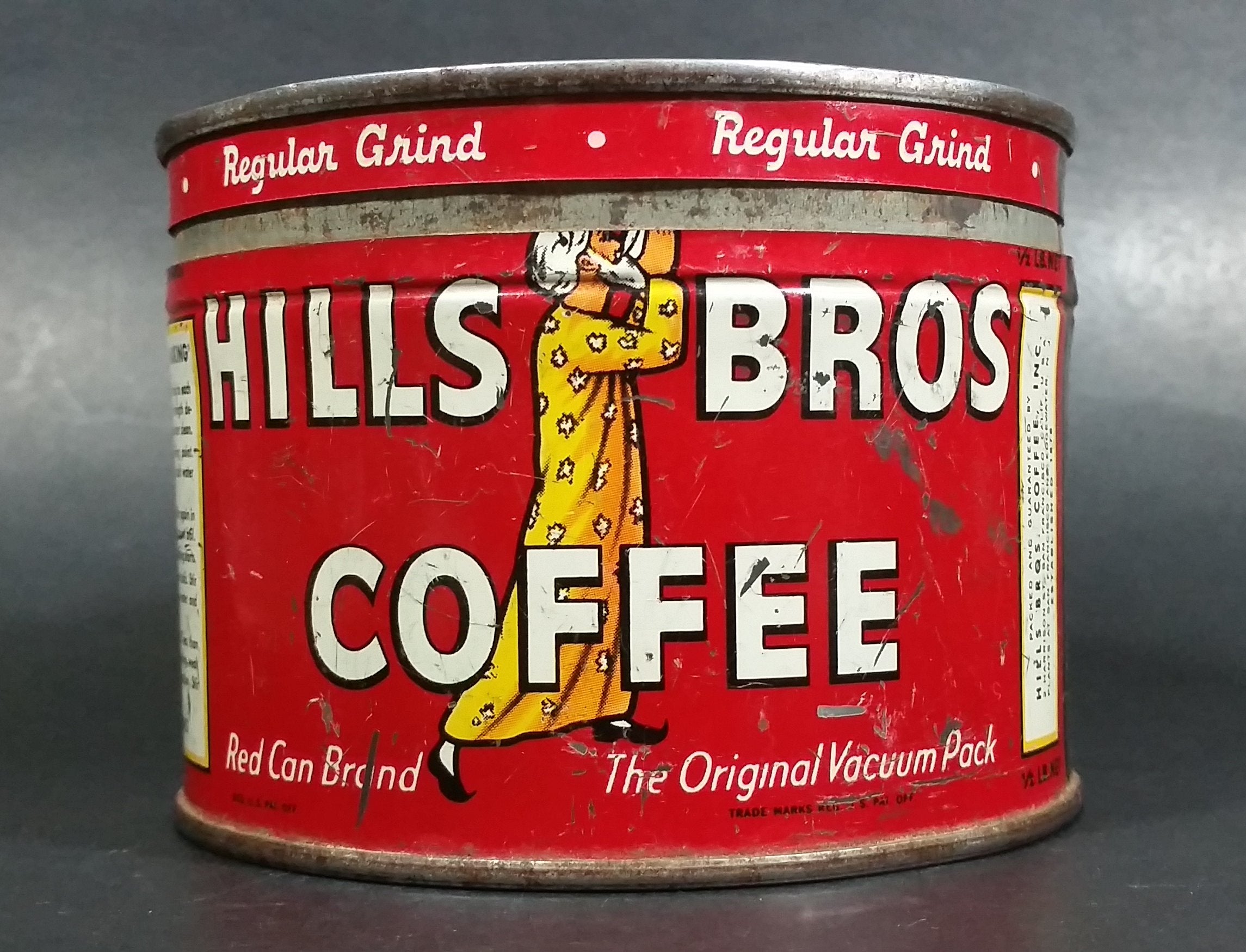 Vintage c. 1952 Hills Bros Coffee 1/2 Lb. Empty Red Round Tin Can with Lid - San Francisco