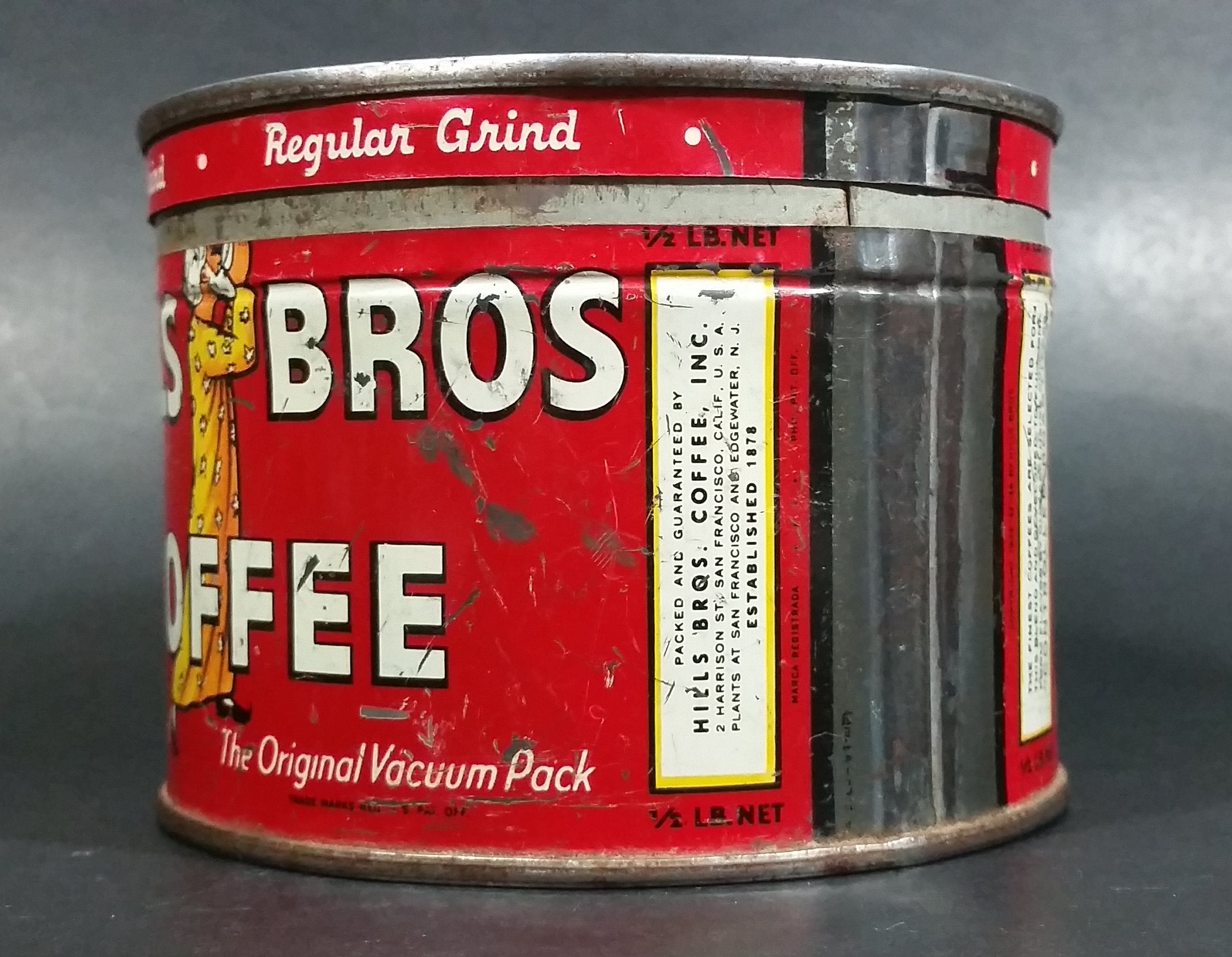 Vintage c. 1952 Hills Bros Coffee 1/2 Lb. Empty Red Round Tin Can with Lid - San Francisco 2