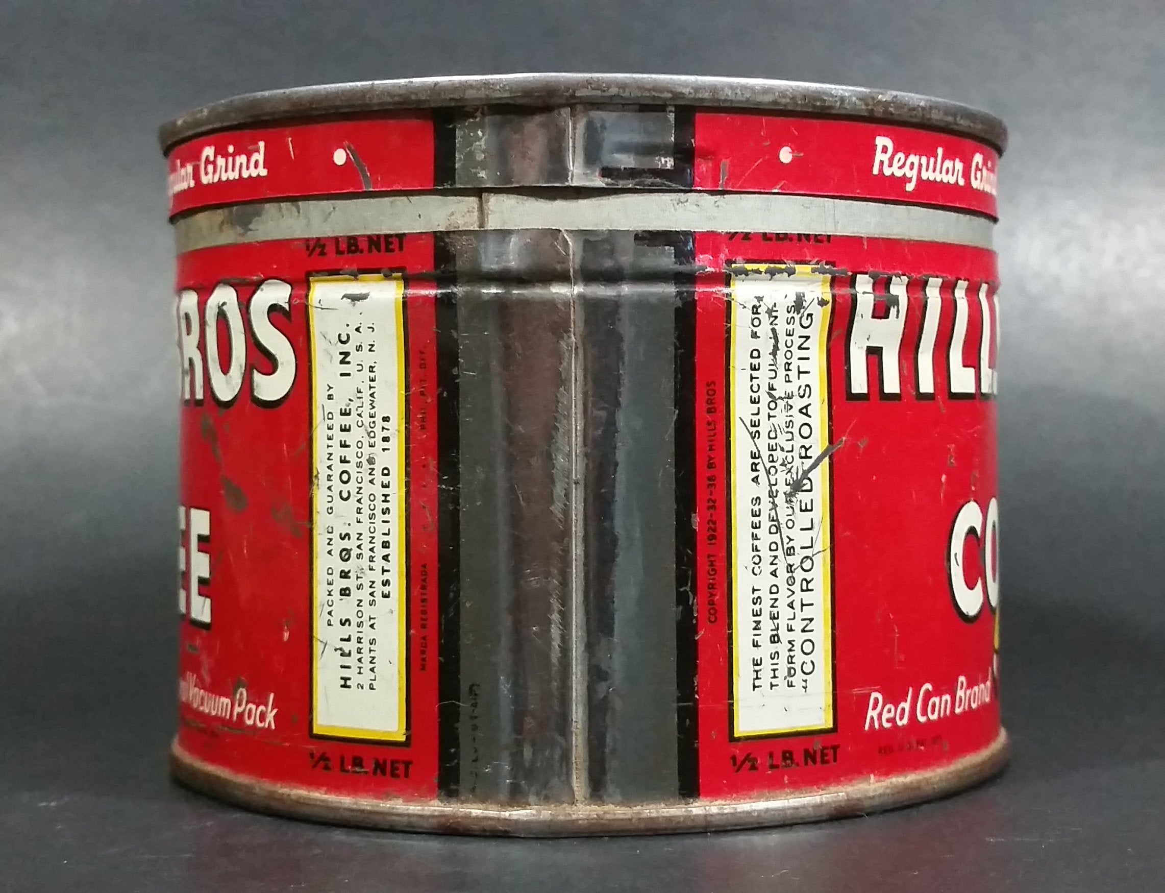 Vintage c. 1952 Hills Bros Coffee 1/2 Lb. Empty Red Round Tin Can with Lid - San Francisco 3