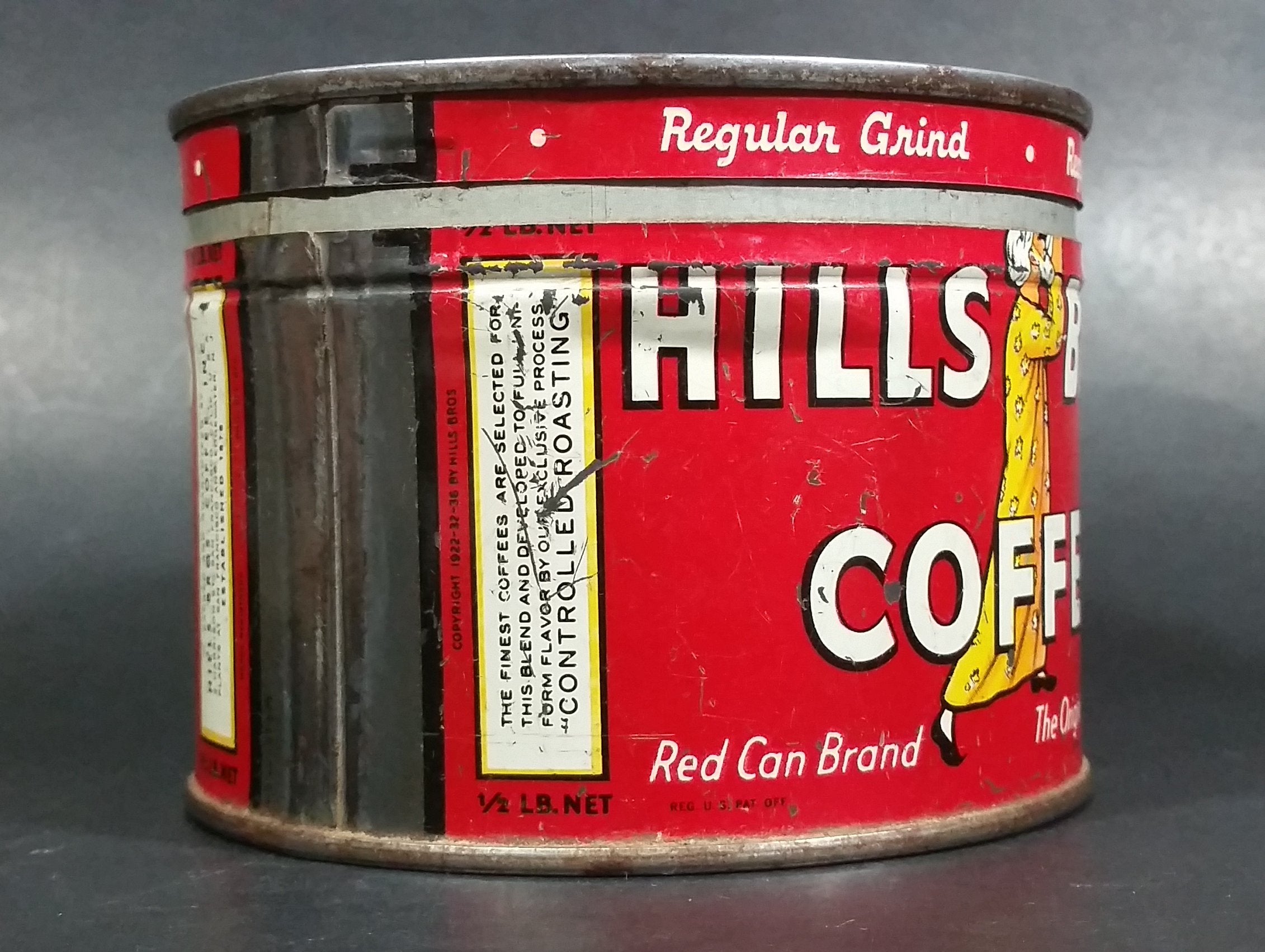 Vintage c. 1952 Hills Bros Coffee 1/2 Lb. Empty Red Round Tin Can with Lid - San Francisco 4